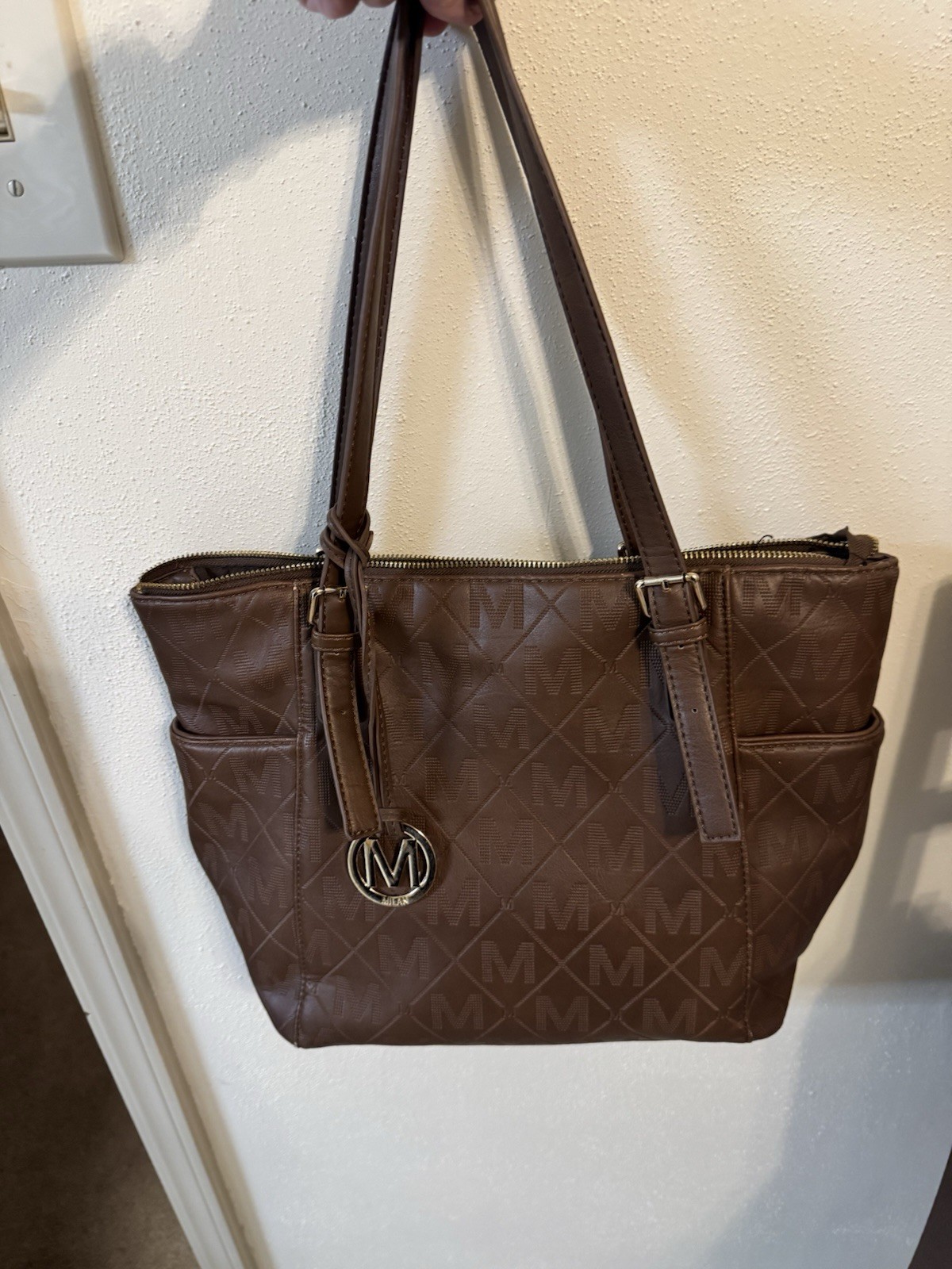 Brown Logo Quilted Zip Tote Bag w/ Charm, Front Zip Pocket, Gold Hardware