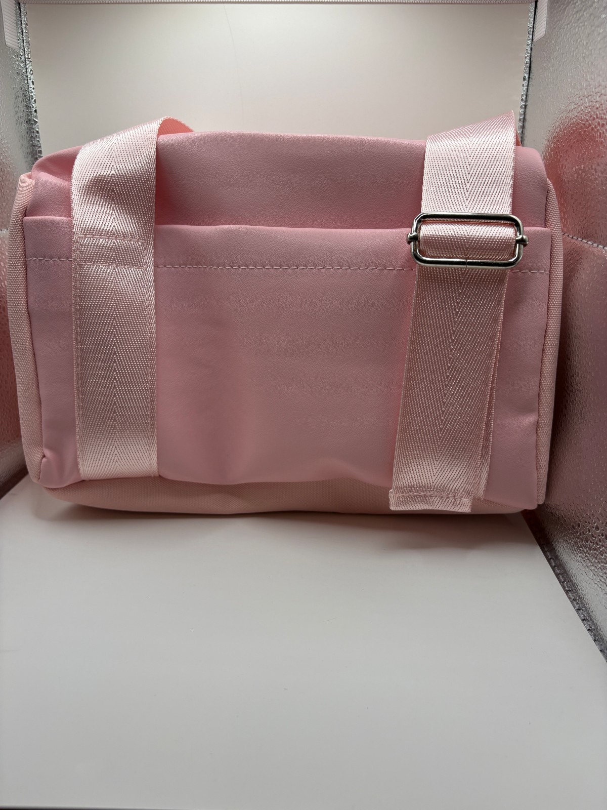 Pink Duffel Shoulder Bag Handbag Crossbody Strap Metal Buckle Bow Accent New