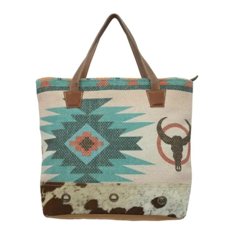 Hopofly Hidue Aztec Print Cotton Leather Hairon Canvas Western Tote Bag