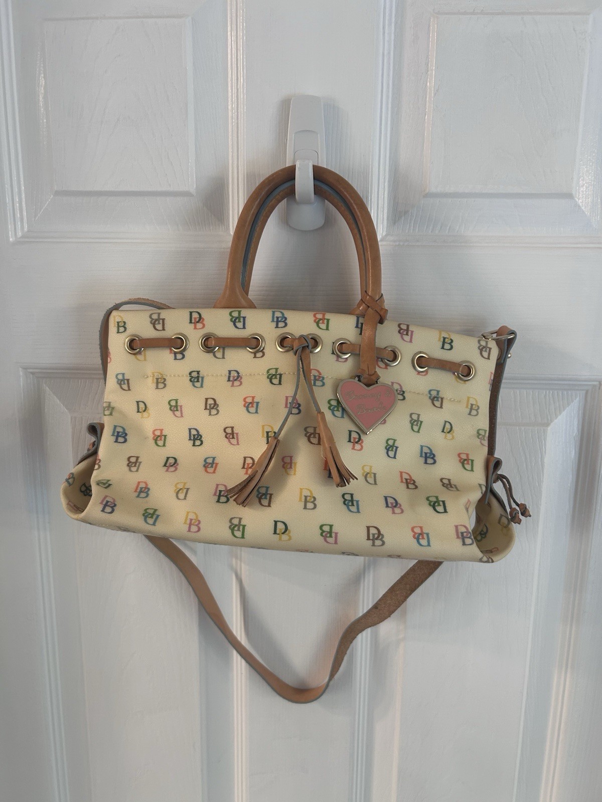 Dooney & Bourke Cream/Multicolor Monogram Satchel Drawstring Tassel Charm Gold
