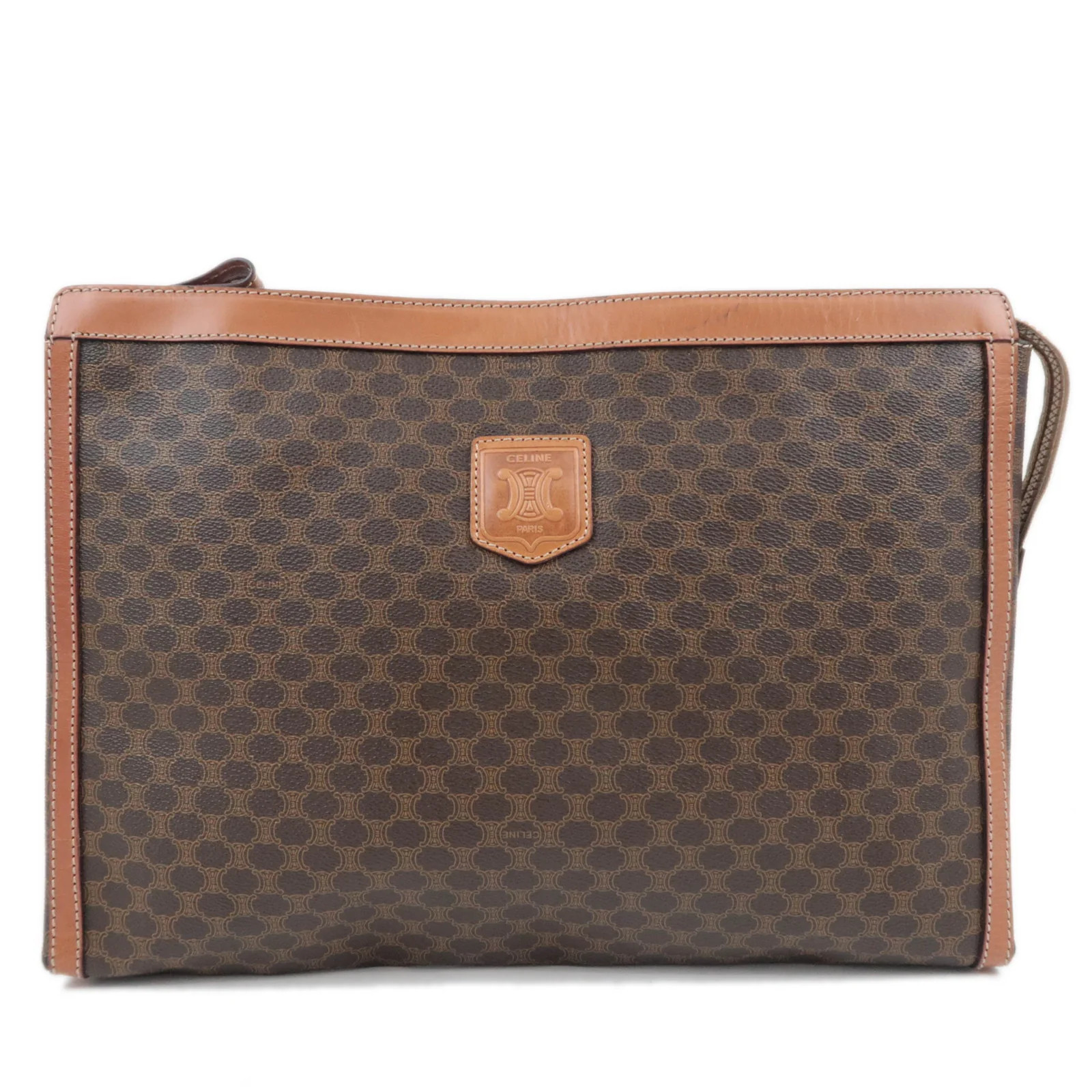 CELINE Macadam PVC Leather Clutch Bag Brown Gold HDW Authentic