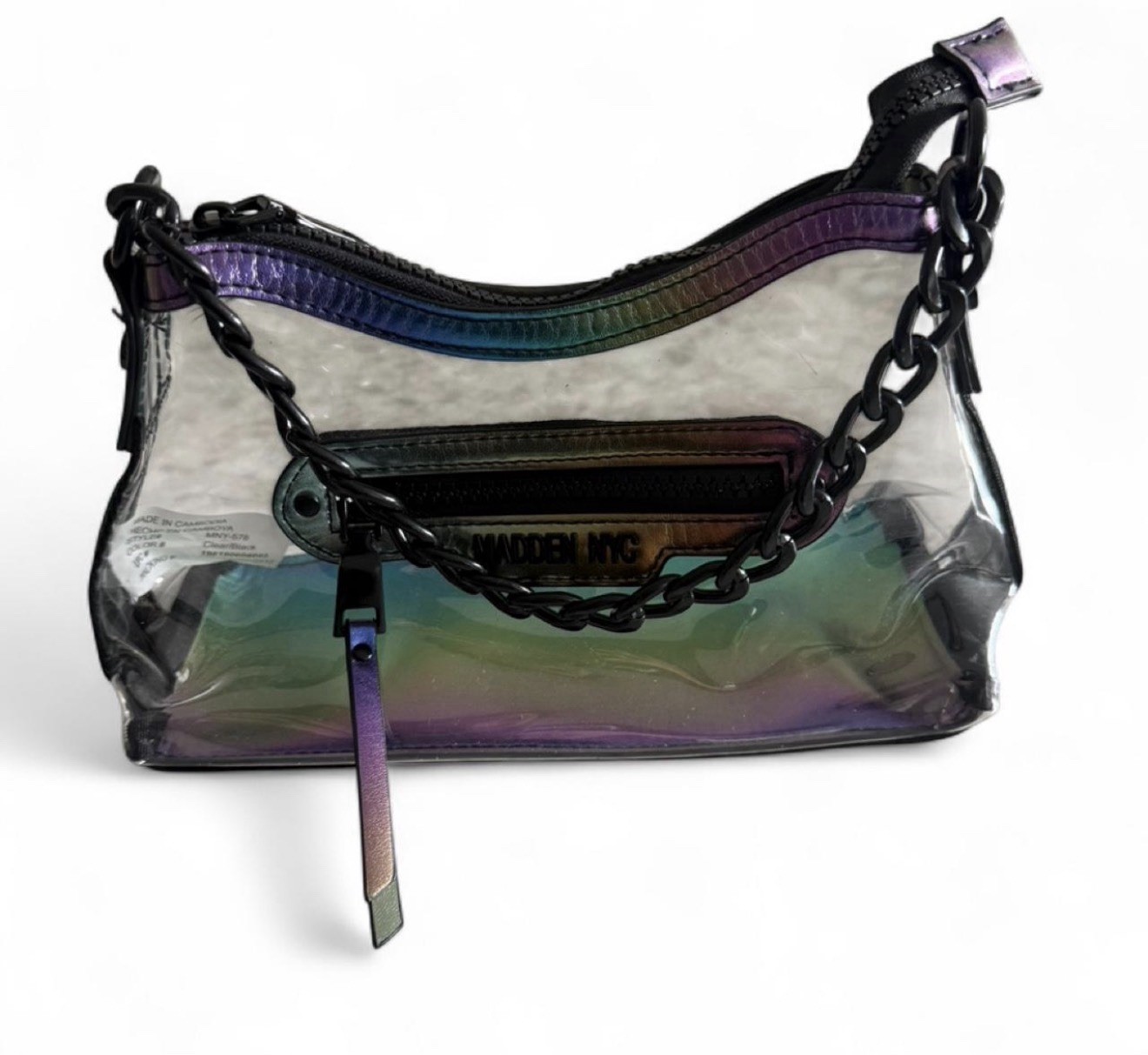 MADDEN NYC Clear Iridescent Shoulder Bag, Black Chain Strap, Zip Closure