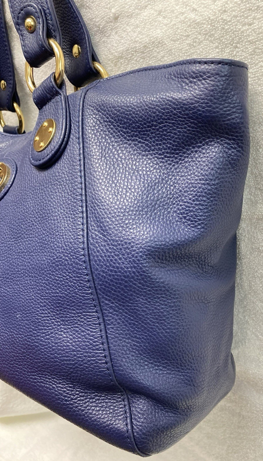 Onna Ehrlich Navy Blue Soft Pebble Leather Tassel Top Zip Tote Handbag Purse