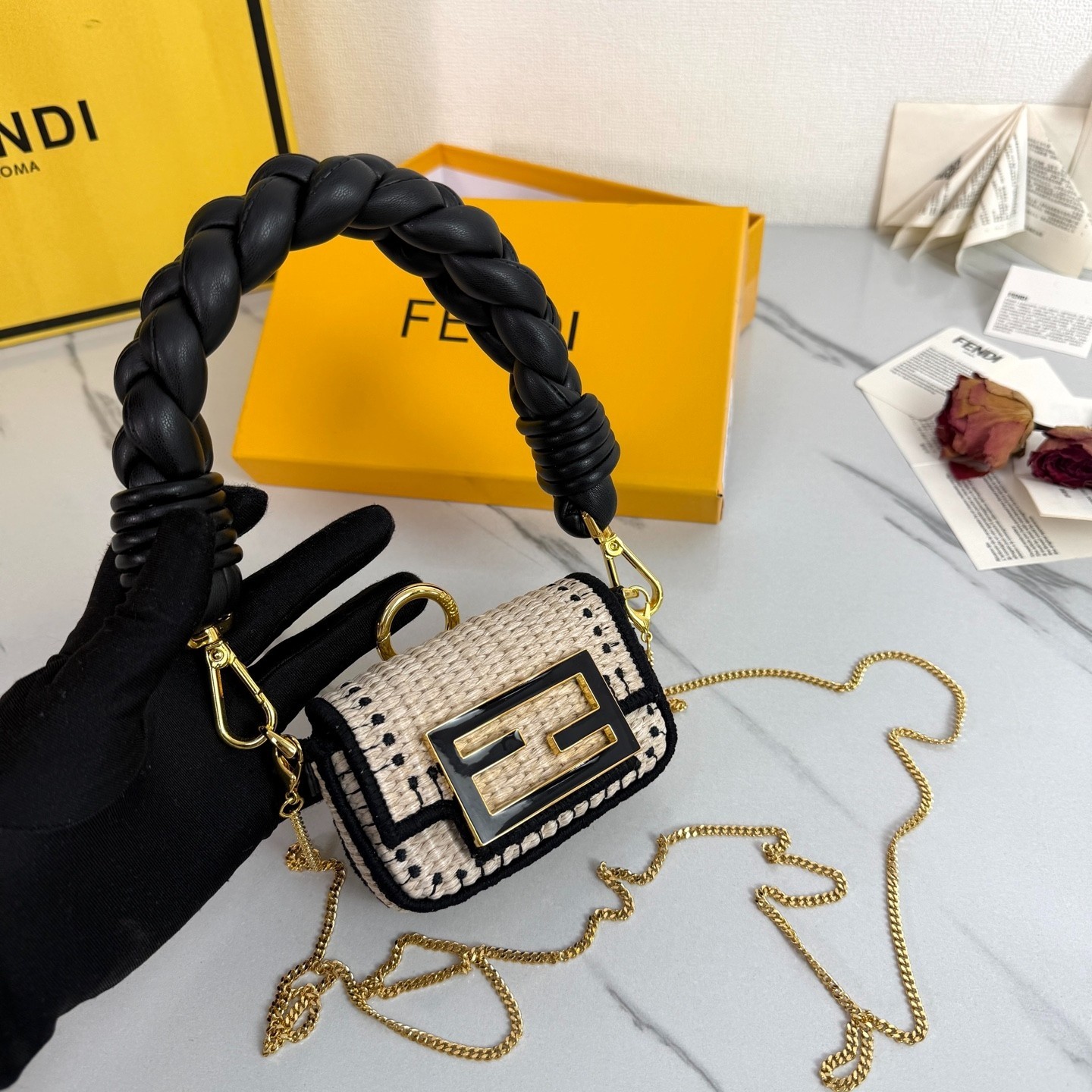 Fendi Nano Baguette Mini Raffia Crossbody Bag Woven Beige Black Chain Strap