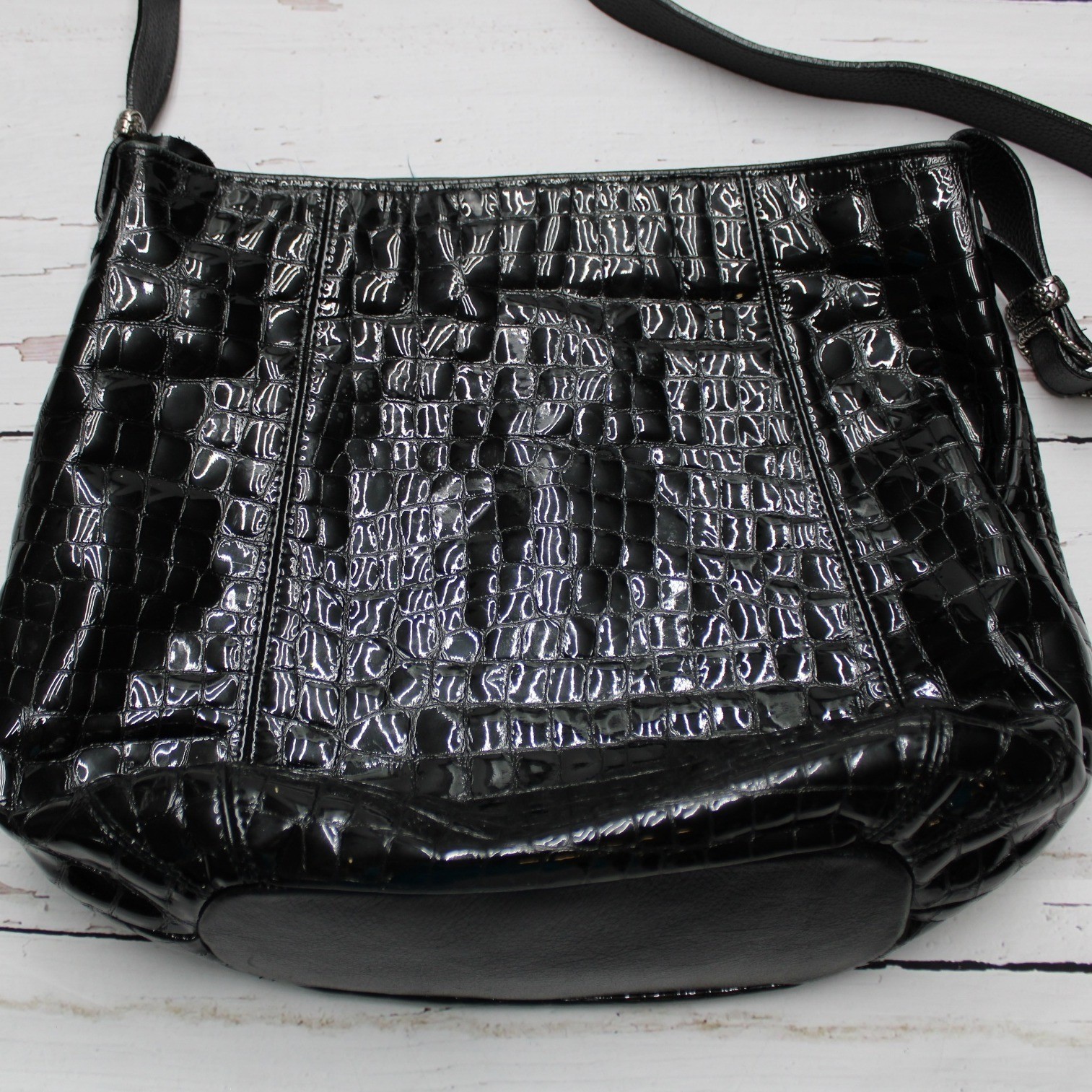 Brighton Shoulder Bag Patent Croc Leather Black M Y2K Teal