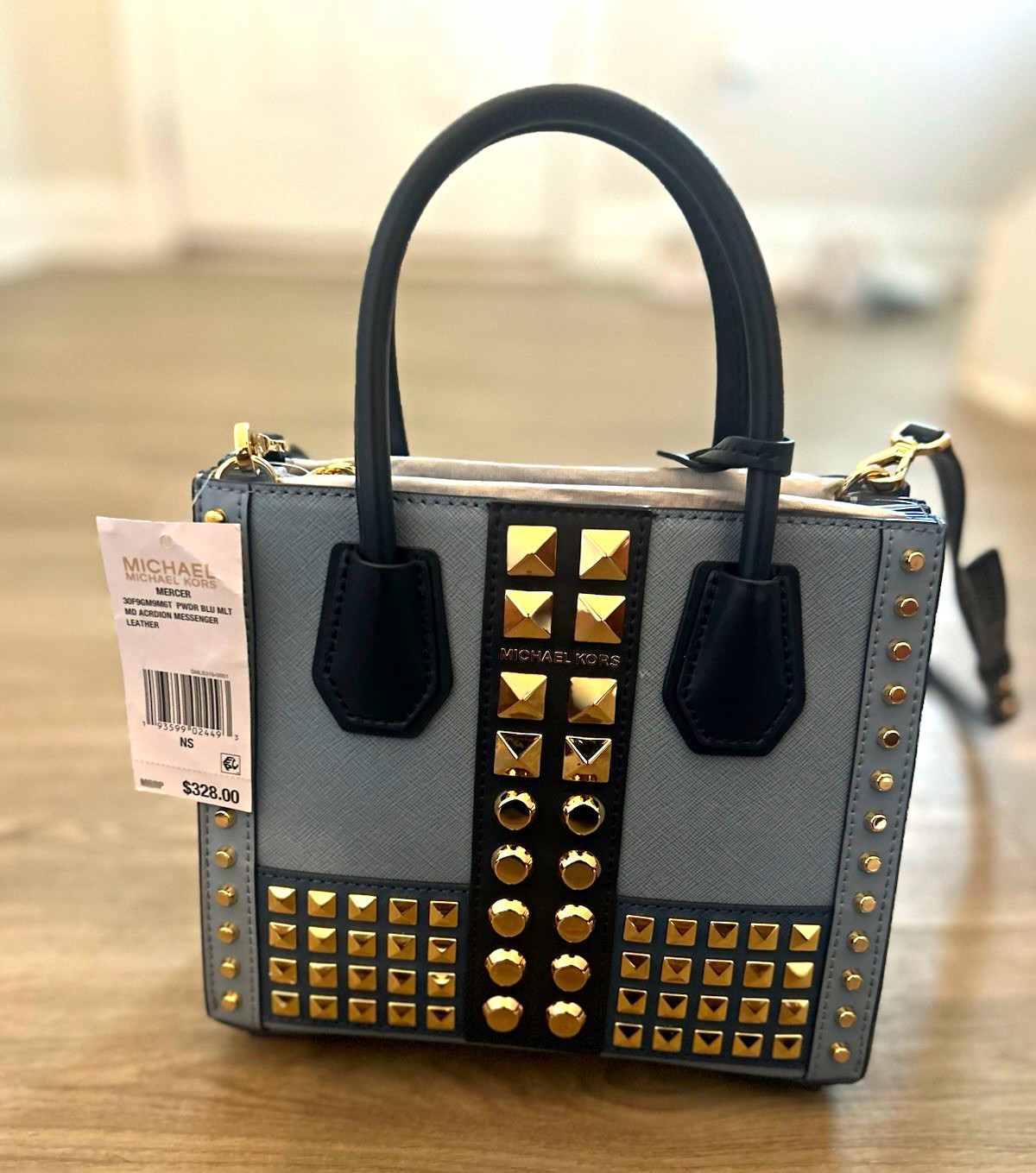 2 Michael Kors Small Studded Satchel Top Handle Detachable Strap Blue/Black/Gold