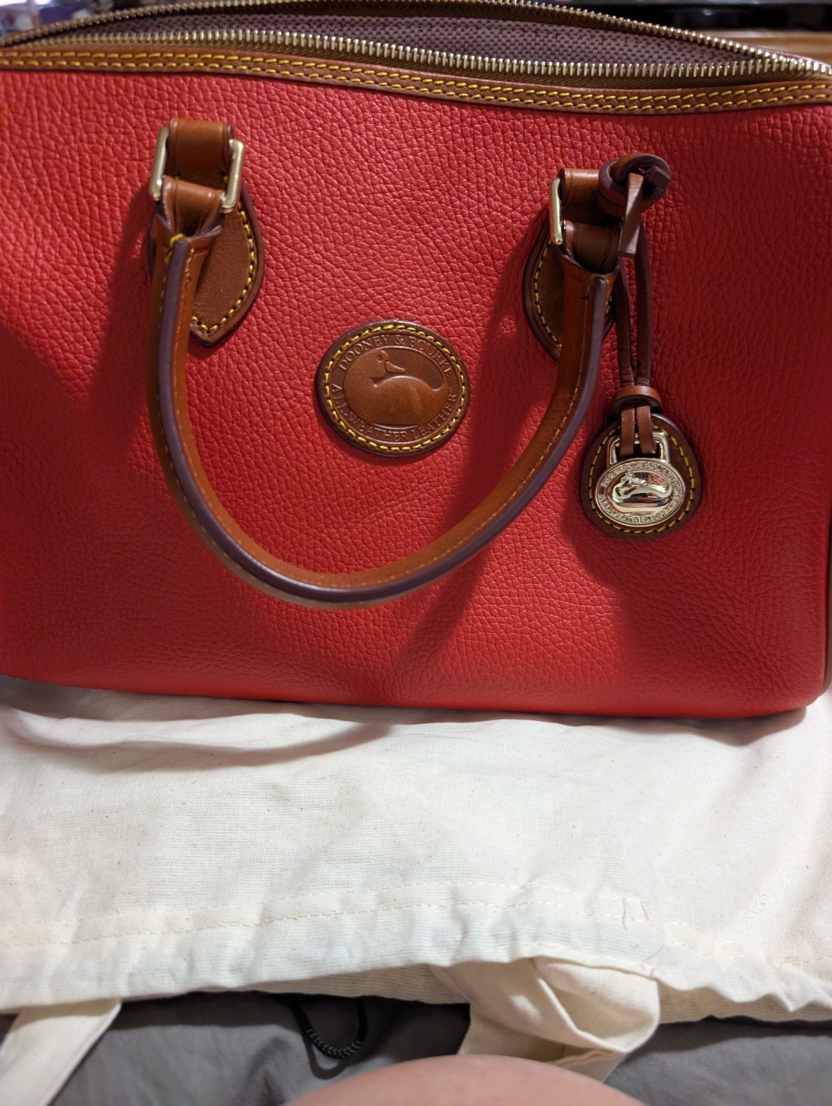 Dooney & Bourke Red Pebbled Zip-Top Satchel Top Handle Bag Brown Trim Dust Bag