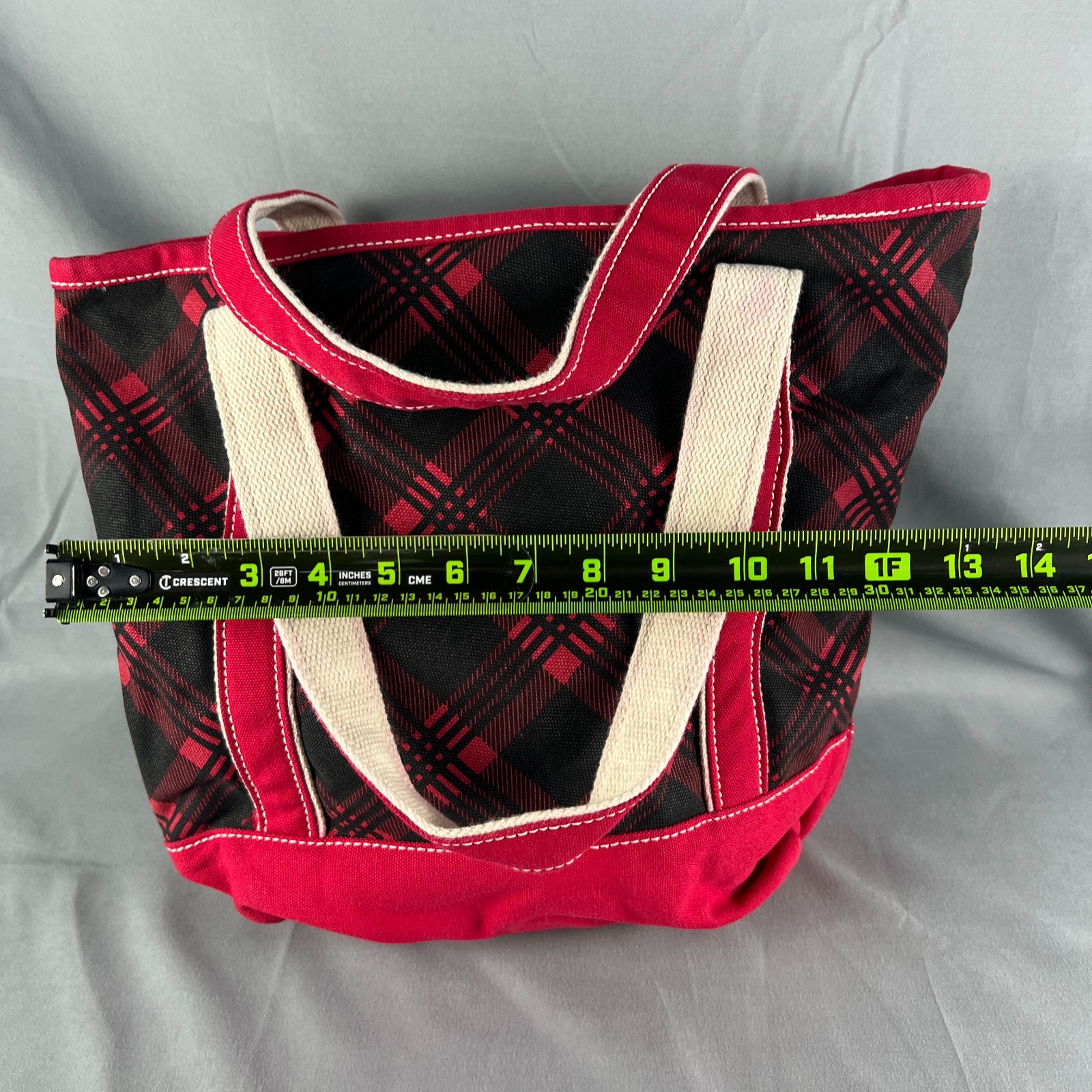 Lands’ End Canvas Tote Bag Womens Black Red Plaid Cotton Double Handle Travel