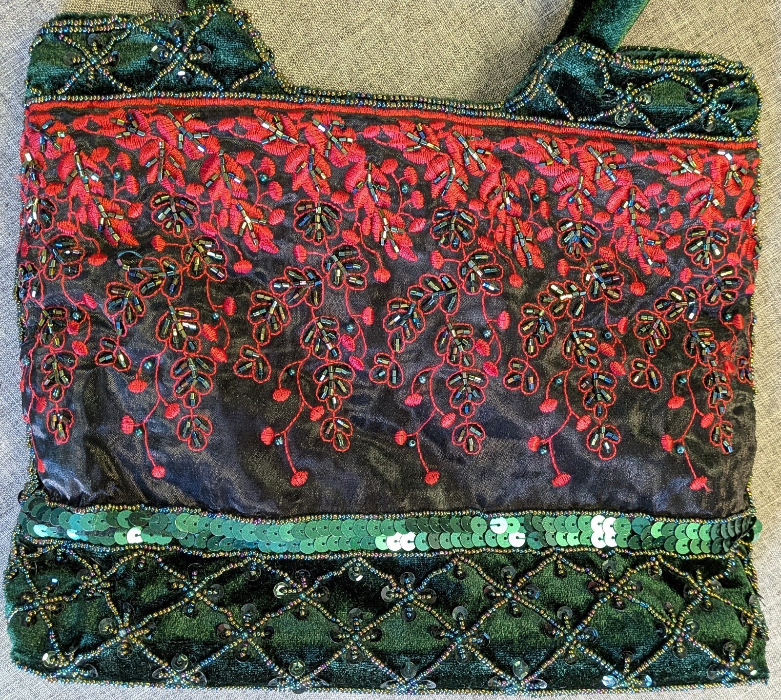 Vintage Ermo Beaded Embroidered Shoulder Bag Green Velvet Red Floral Sequins