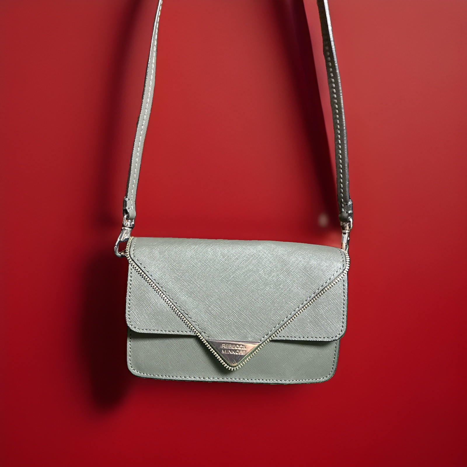 Rebecca Minkoff Avery Envelope Crossbody Bag Metallic Silver Gray Leather Purse