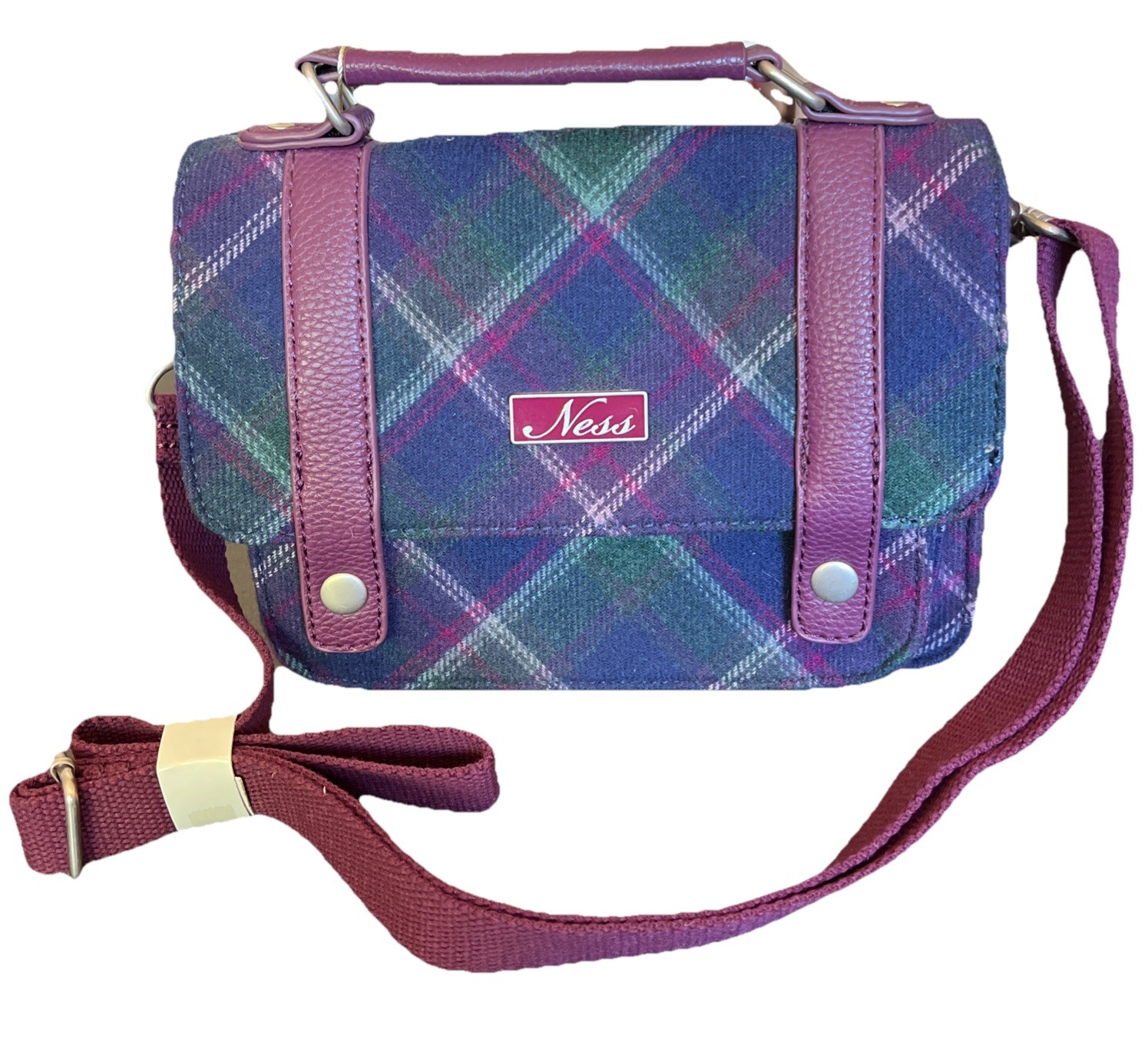 Ness Scotland Eden Satchel Purse Blue Plum Plaid Wool Blend Crossbody NEW