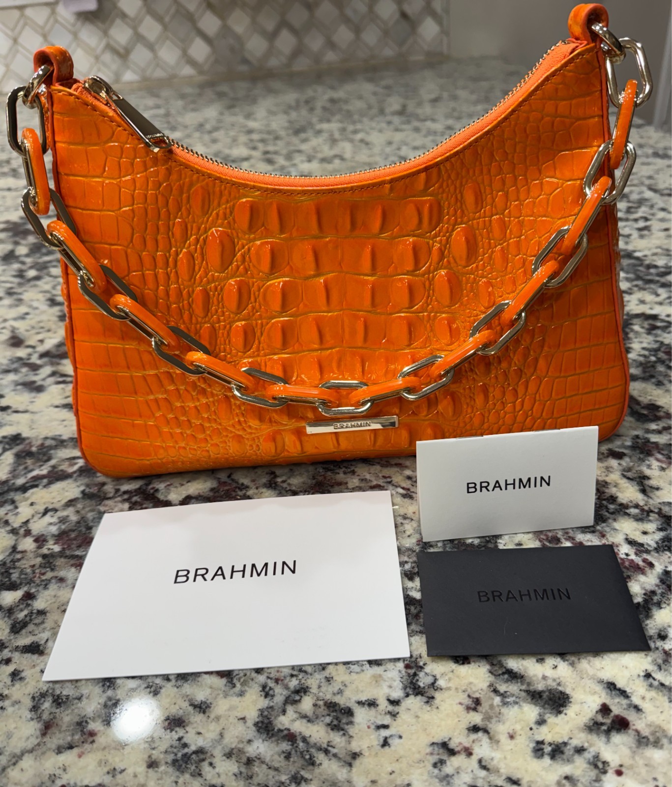Brahmin Orange Crocodile-Embossed Leather handbag new