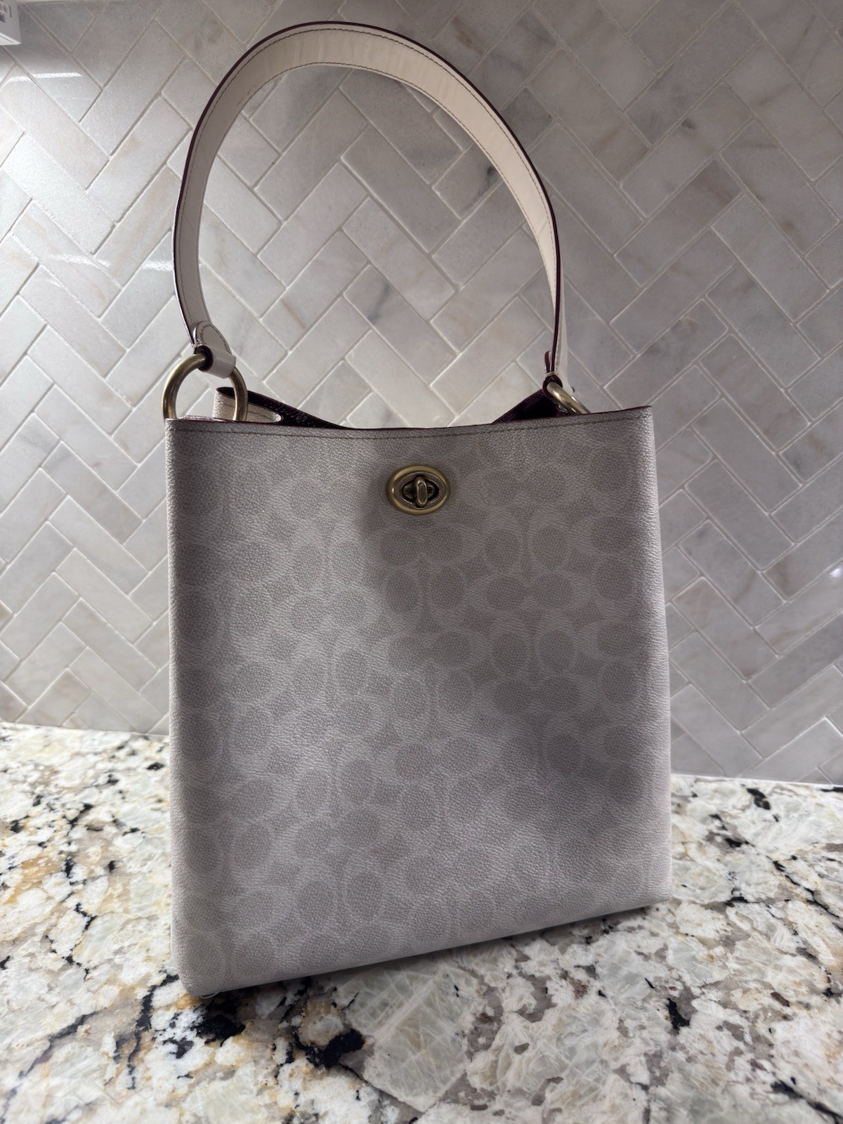 Coach Signature Charlie Shoulder Bag Turn Lock Brass Hardware Detachable Strap