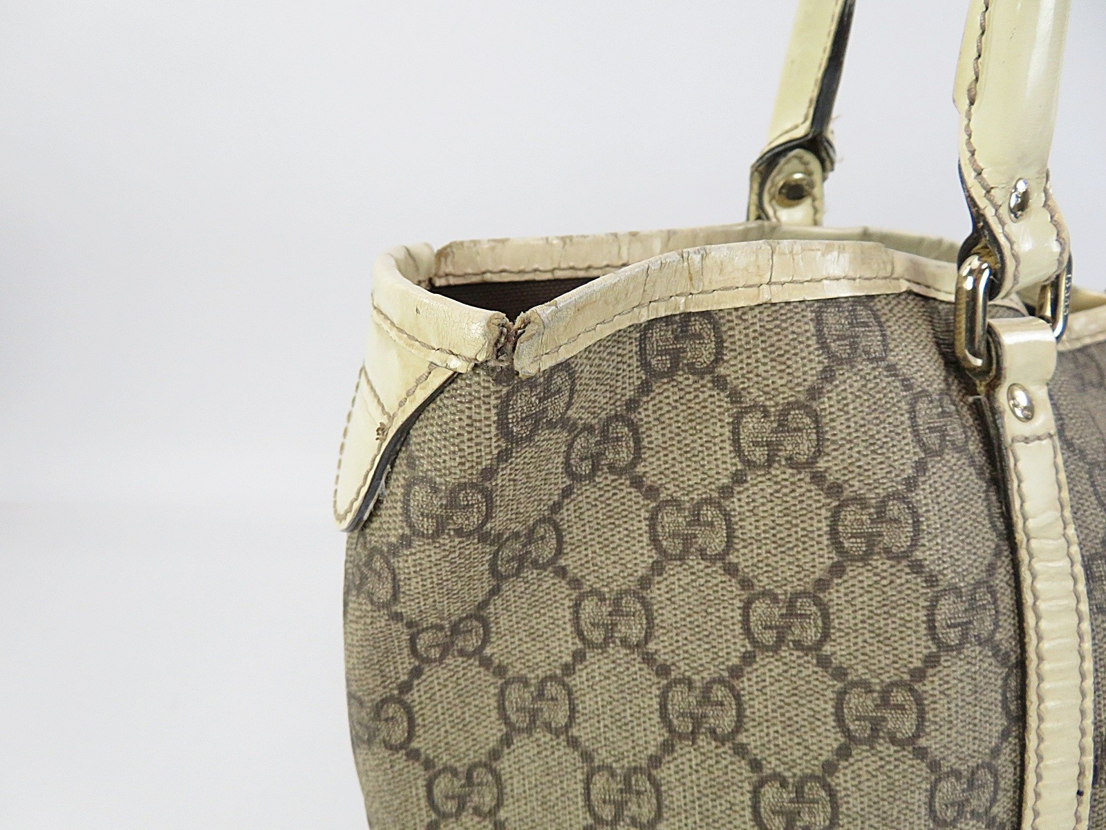 Auth GUCCI Joy Brown GG PVC Canvas and Off-White Leather Supreme Tote Bag #64223