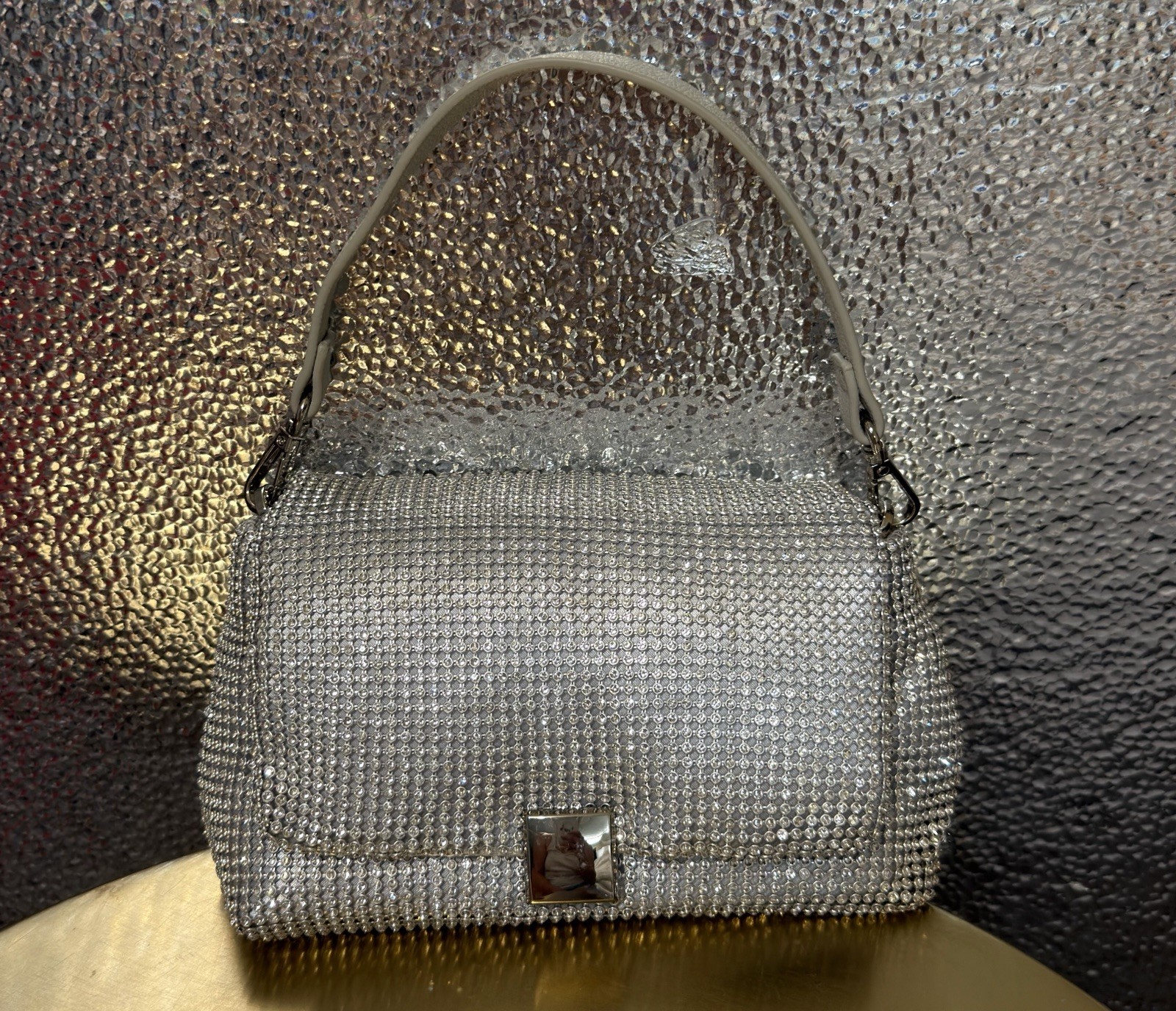 Silver Rhinestone Clutch Evening Bag Sparkly Crystal Flap Purse NO CHAIN STRAP
