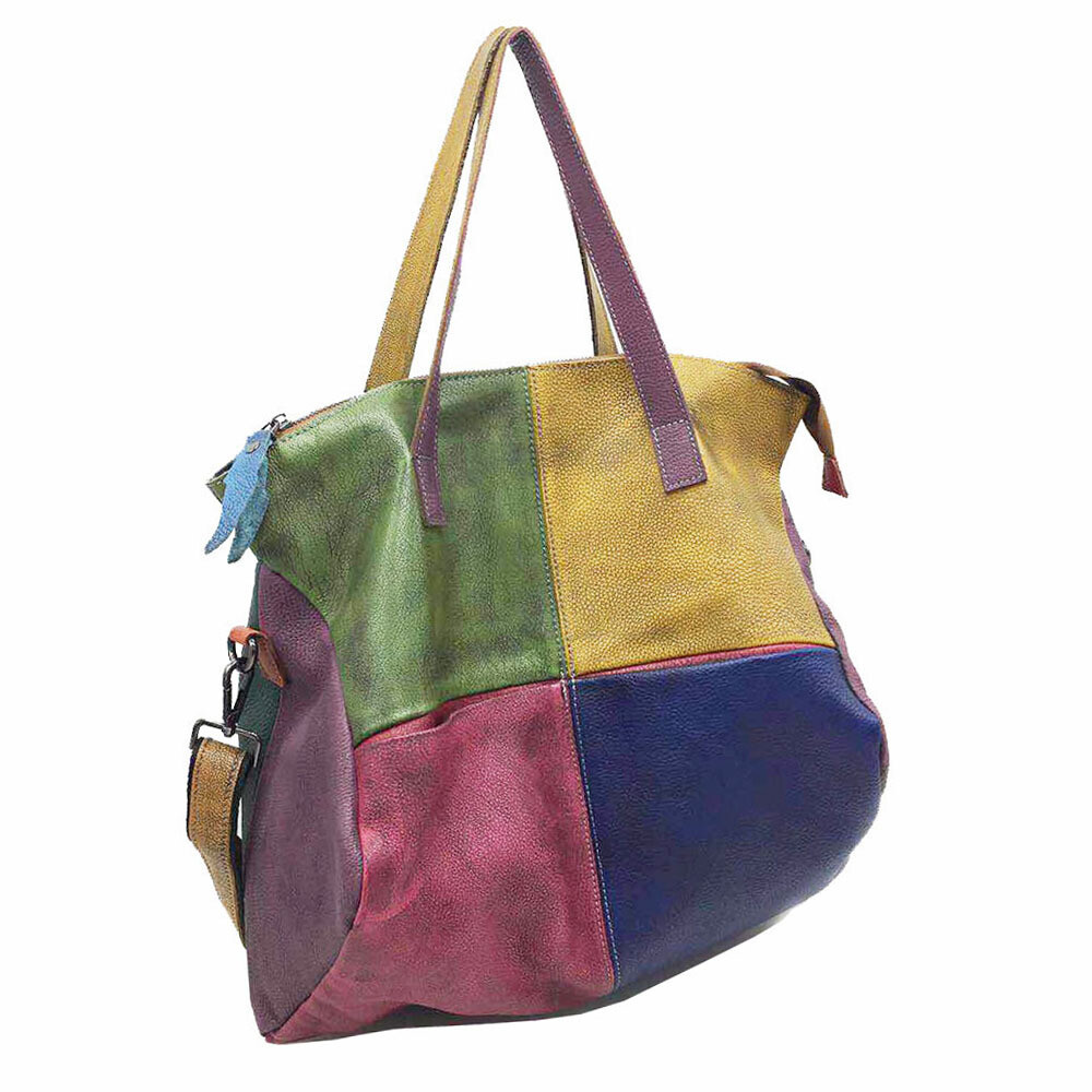 Multi-color Tote Handbag Genuine Leather Colorful Large Tote Bag For Women