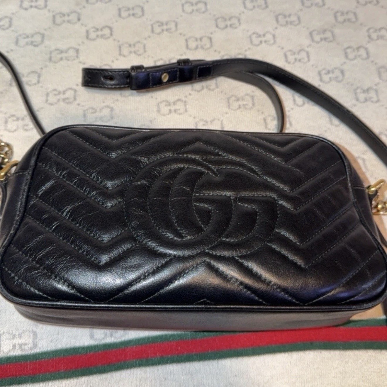 GUCCI GG Marmont Quilted Shoulder Bag Black Gold Hardware Adjustable Strap