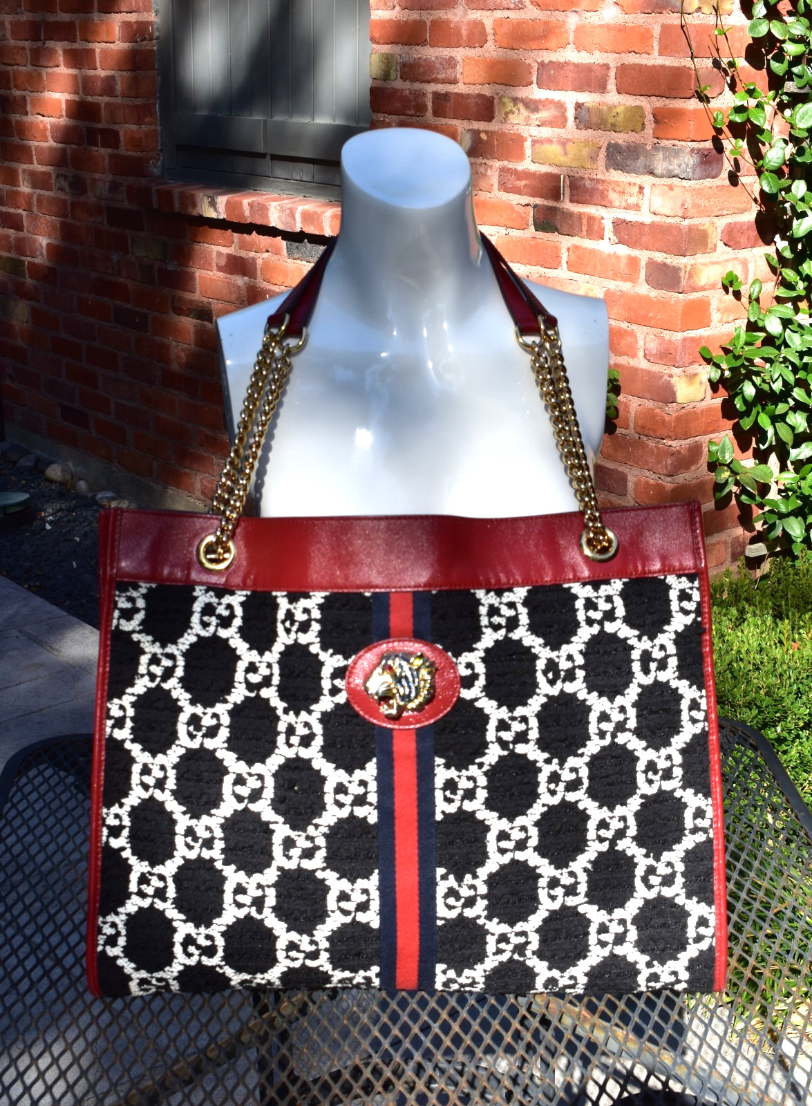 GUCCI RAJAH GG Enamel Jewels Tiger Head Black White Tweed Shopper Tote Purse Bag