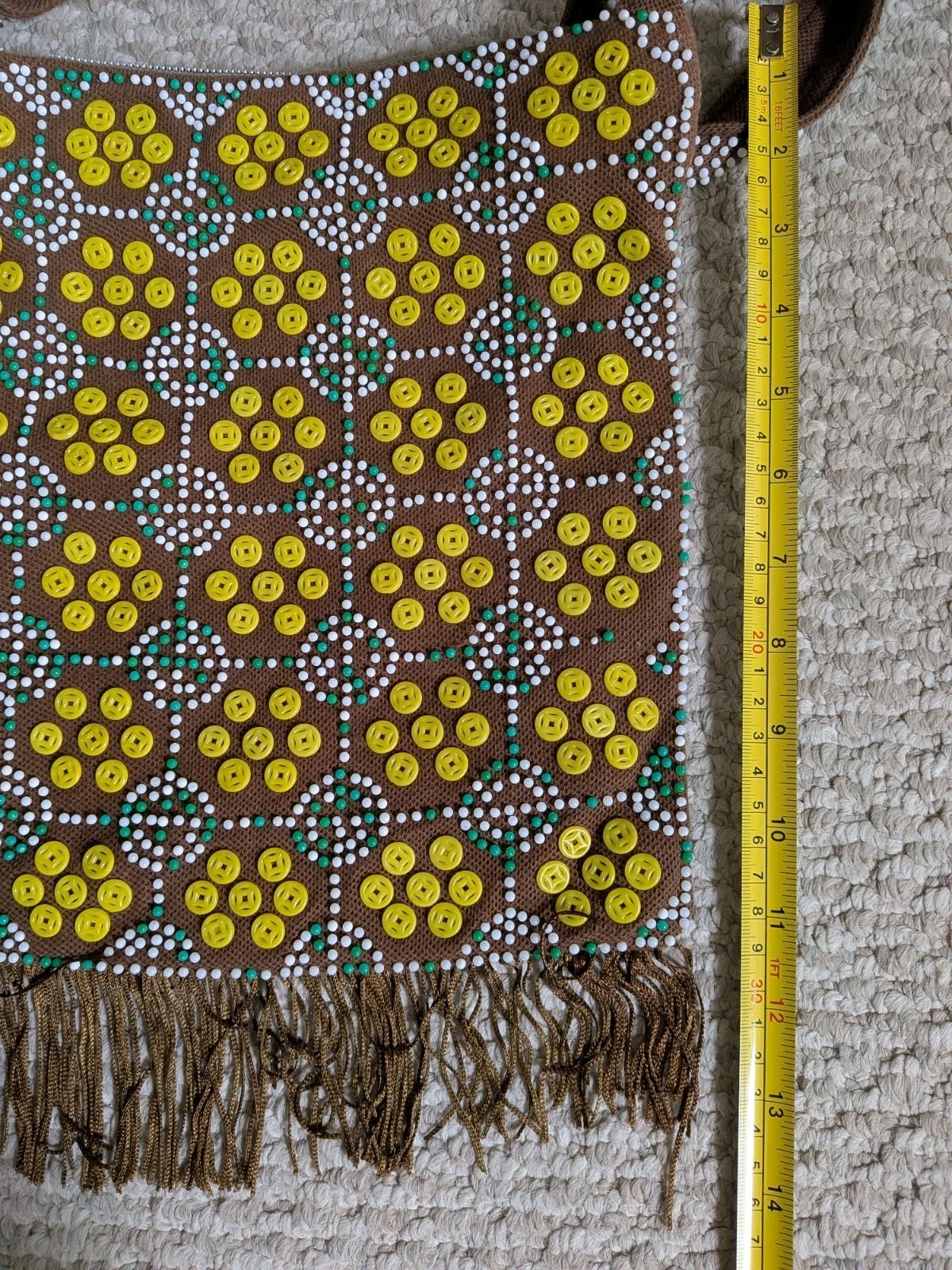 Vintage Boho Colorful Shoulder Bag Brown Yellow Button Beaded Fringe Zip Women