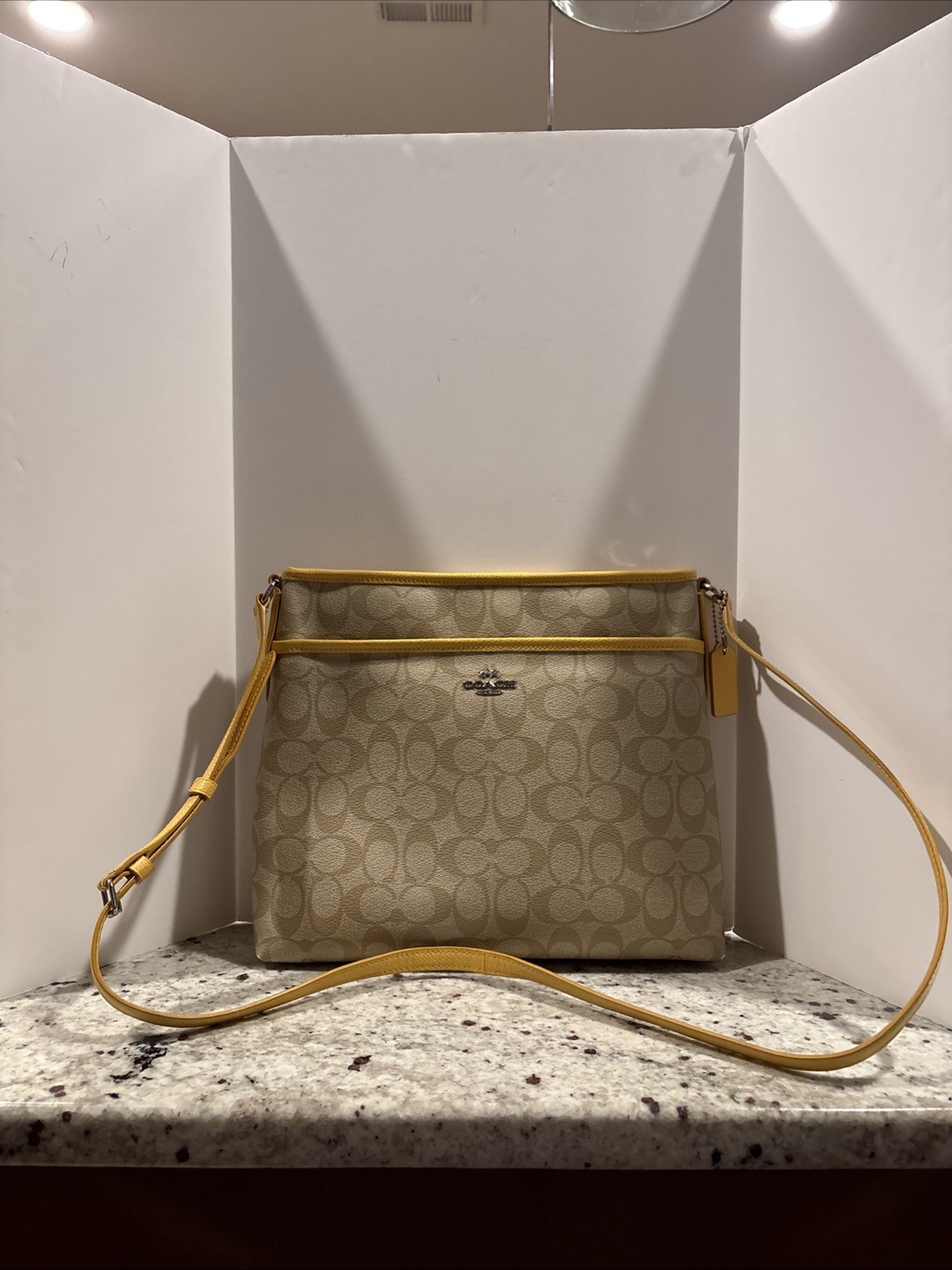 Coach Signature Canvas Crossbody Bag Purse Khaki Yellow Leather Trim Very Good
