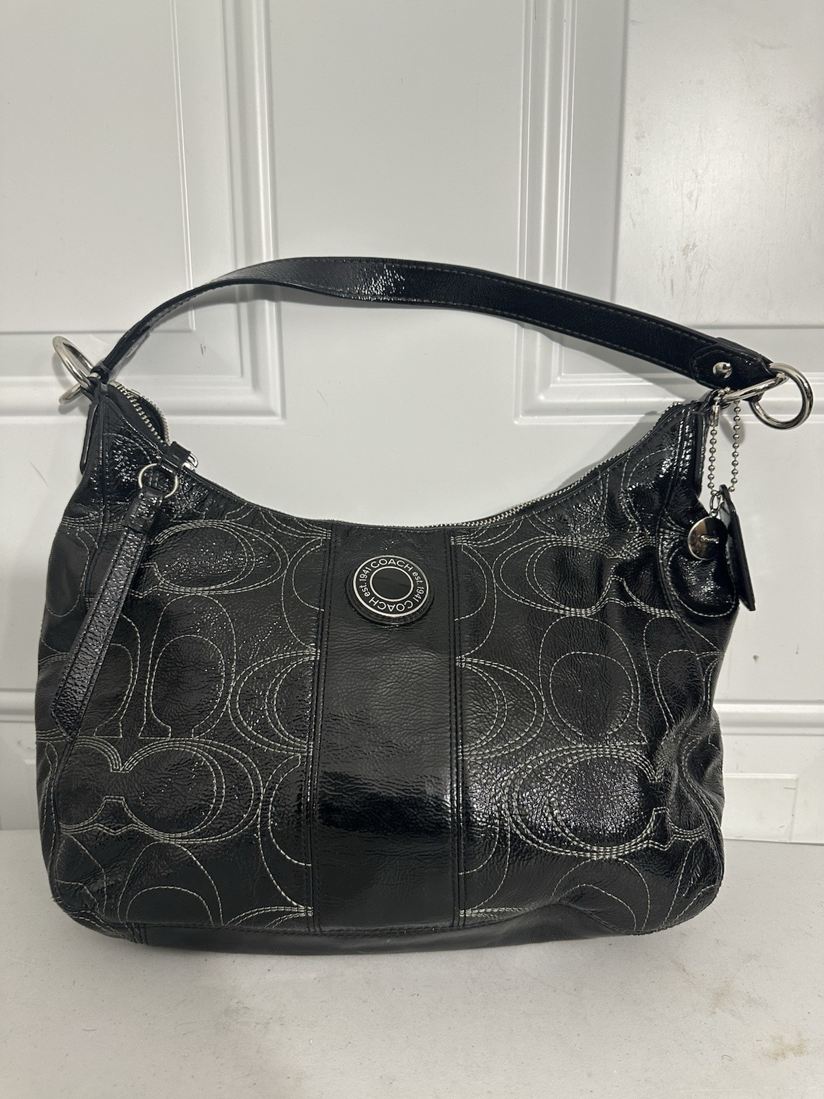 Coach Patent Leather Stitched Logo Hobo Shoulder Bag