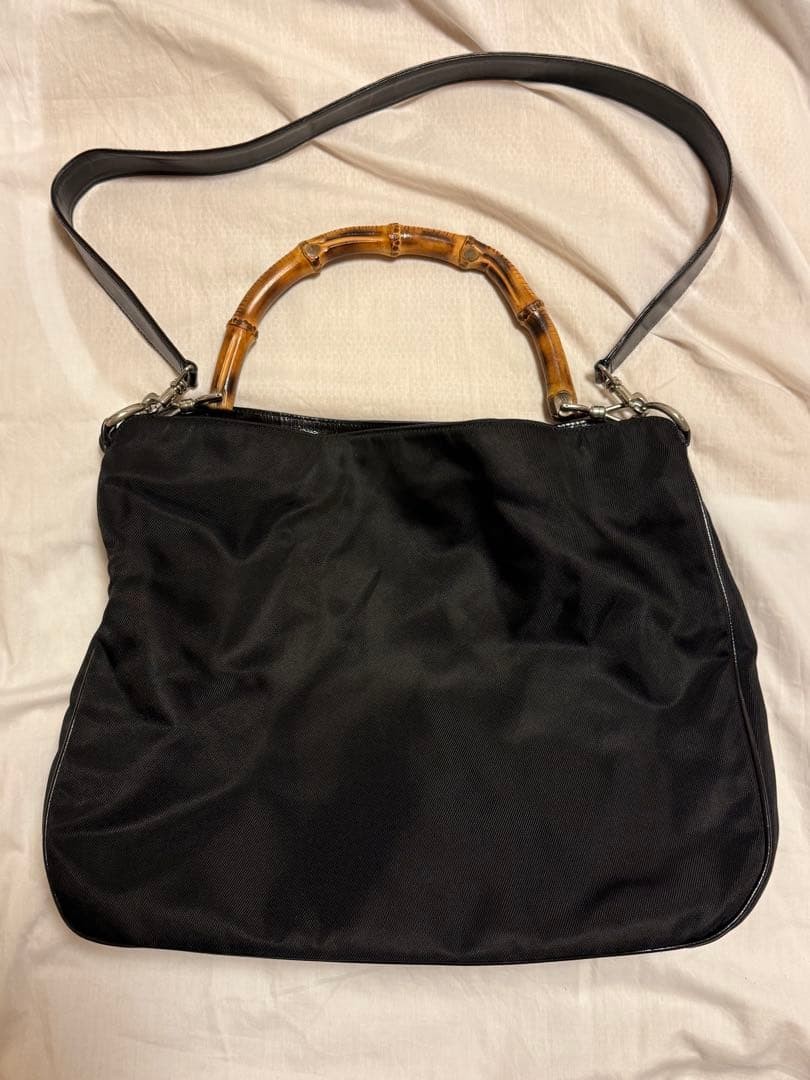 GUCCI Bamboo Nylon Canvas 2Way Handbag Black Women Auth 12.59 x 15.35 x 3.93″