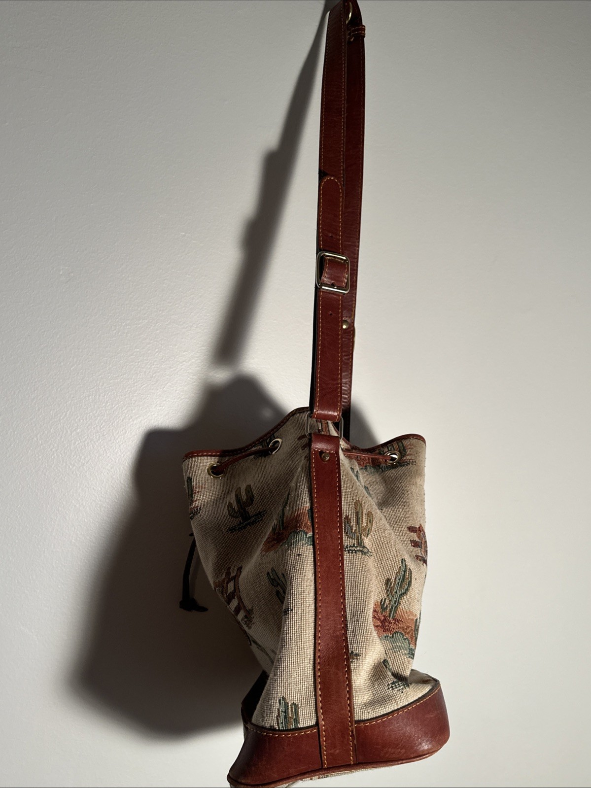 Leather Durban Ranch Cactus/ Western Drawstring Slouch Shoulder Bag