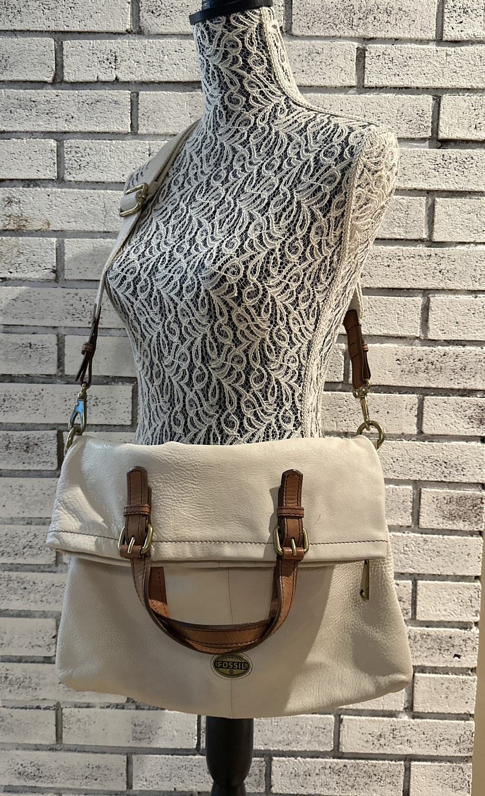 FOSSIL Satchel Croosbody/Handbag White Brown Leather