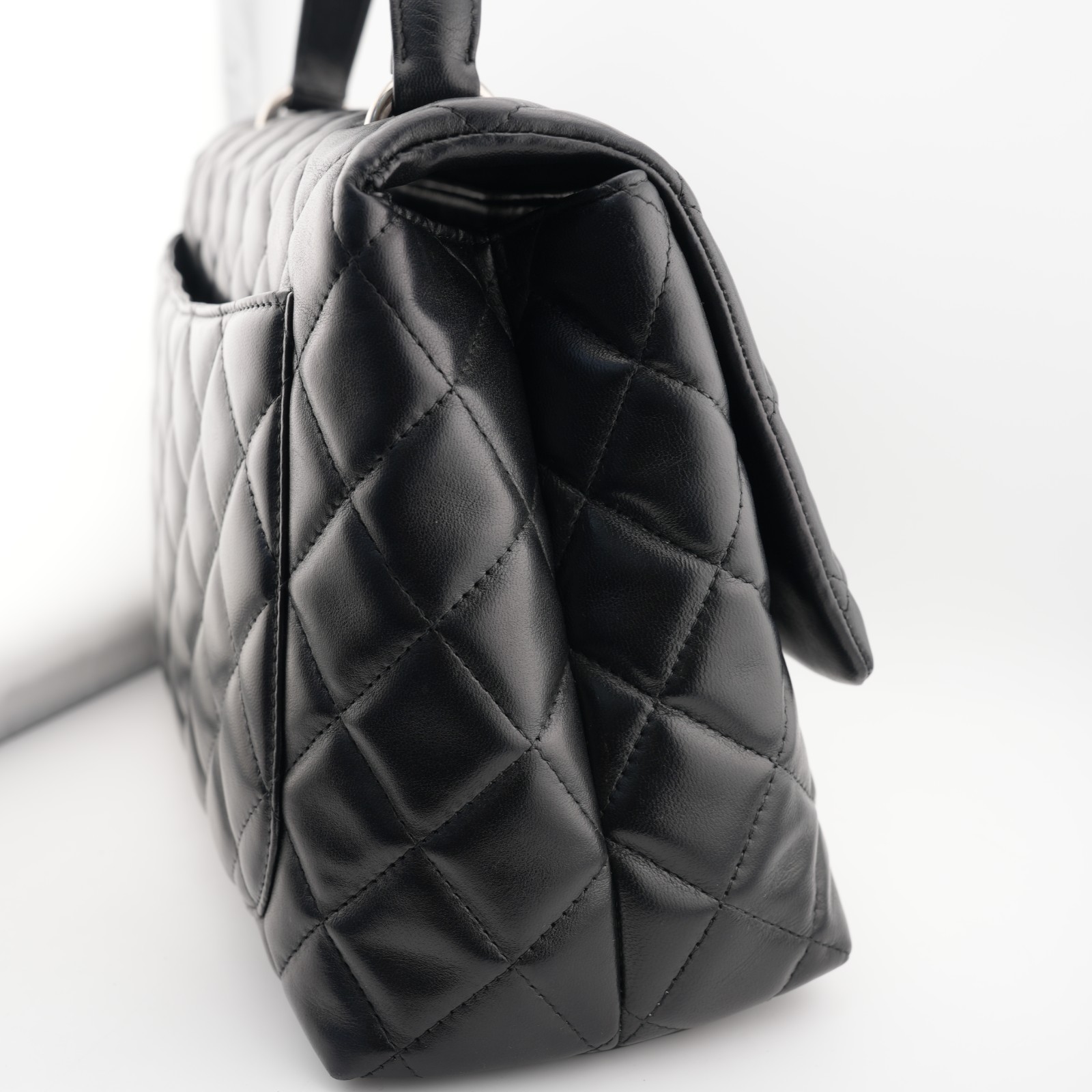 Chanel Quilted Lambskin Leather Black Top Handle Bag Silver Tone