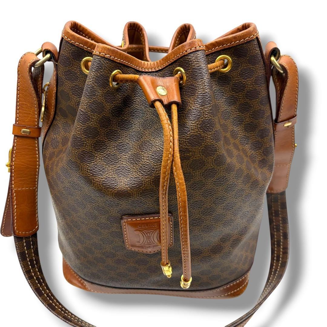 CELINE Macadam Noe PVC Drawstring Shoulder Bag Brown Vintage Authentic