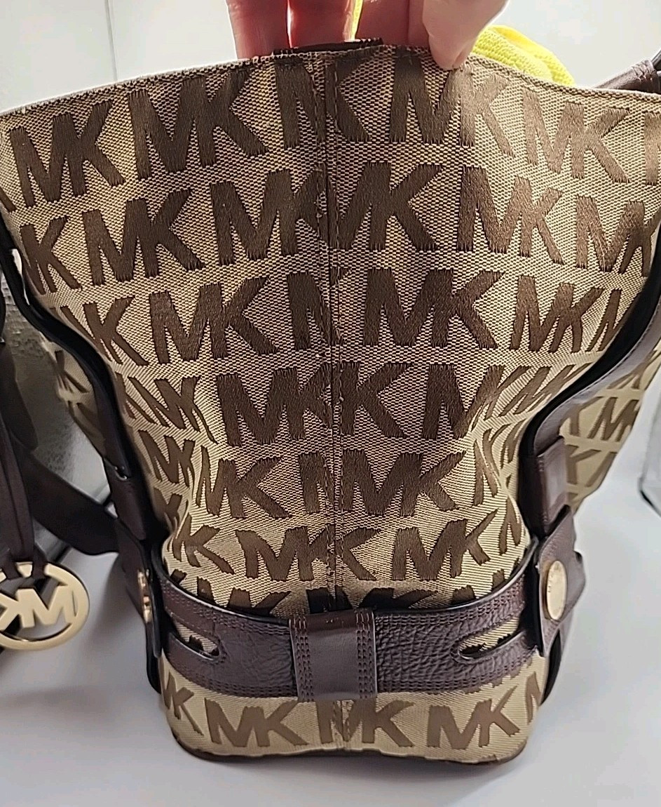 Michael Kors Signature Beige & Brown Harness Large Shoulder Bag