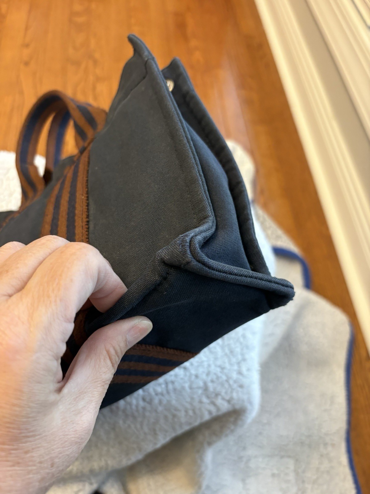 Hermes FOURRE-TOUT PM Canvas Tote Bag Navy Blue Brown Trim France AUTH