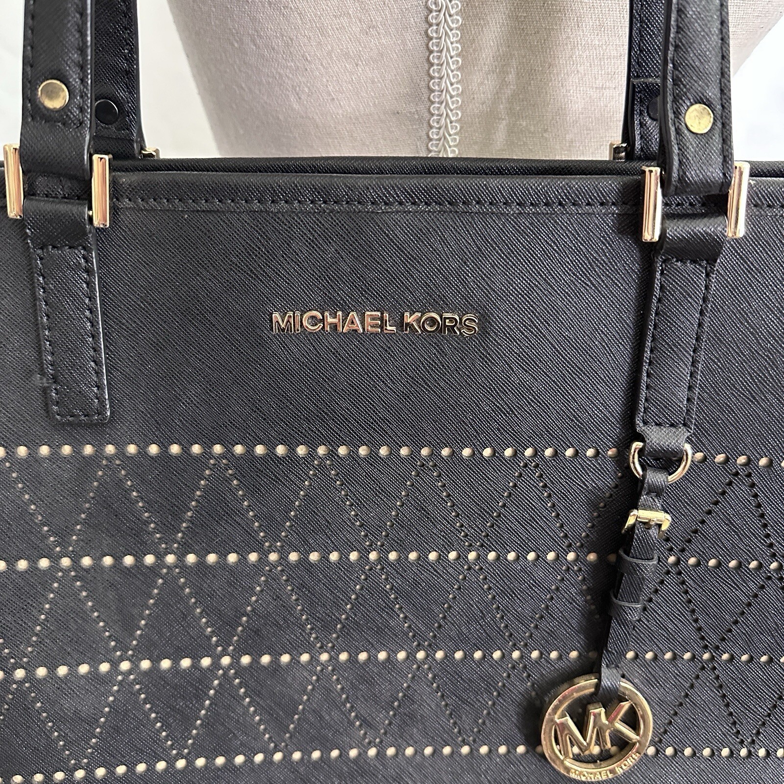 Michael Kors Jet Set Travel Tote Black w/ Gold Laser Cut Design Large Tote