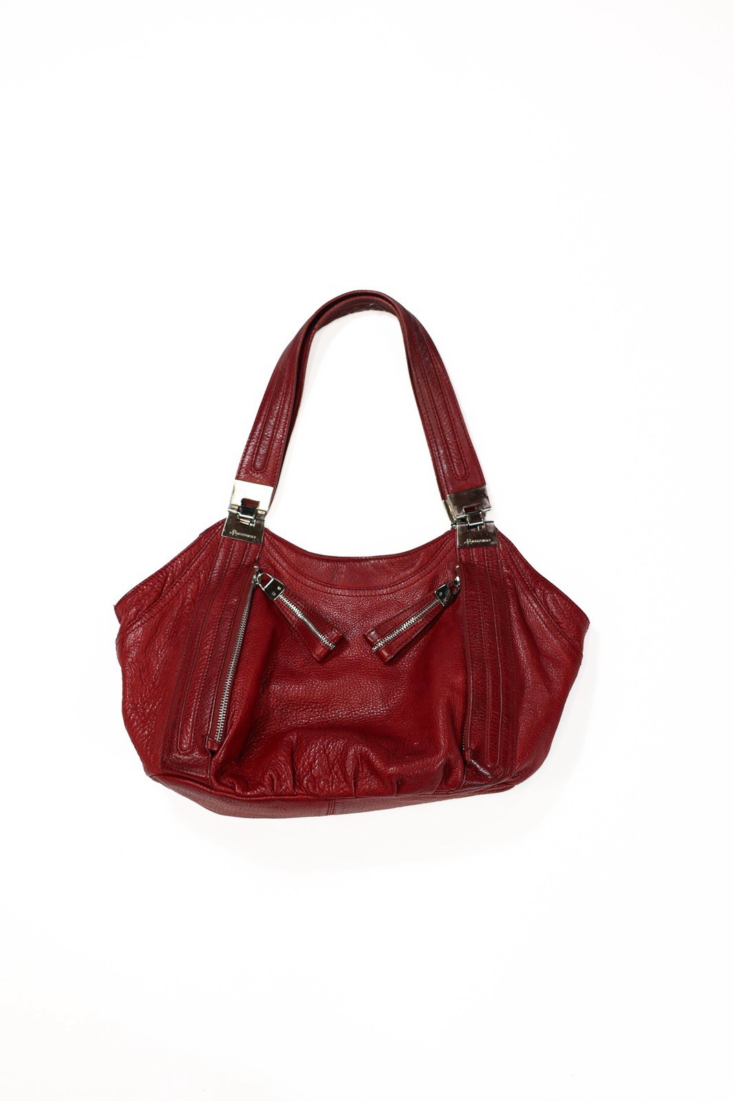 B. Makowsky Genuine Leather Red Hobo Shoulder Bag Leopard Lining Multi Pocket