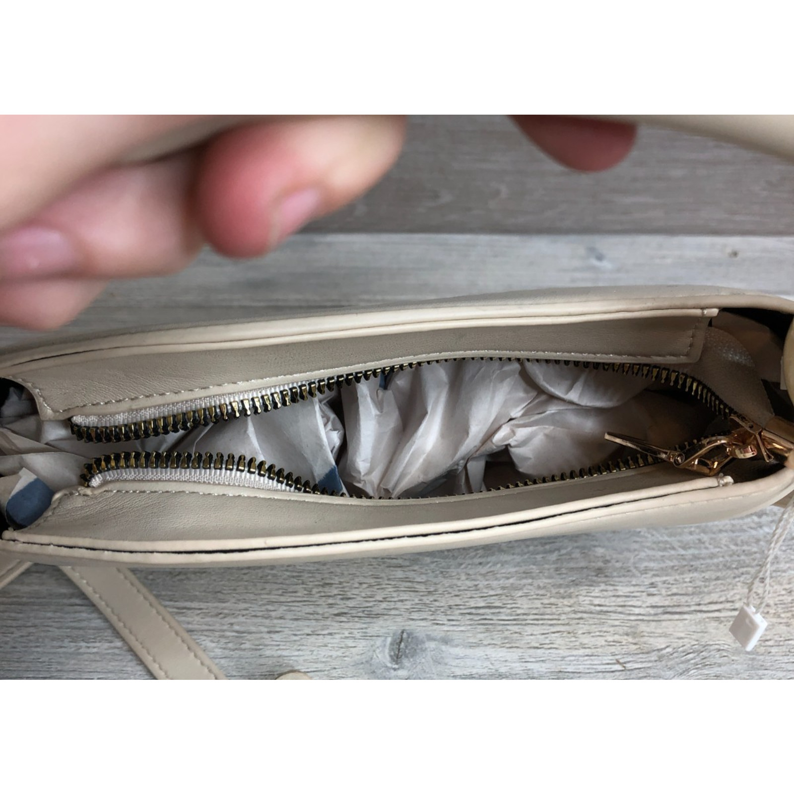 Melie Bianco Cream Vegan Leather Half Moon Bag with Marble Bead Handle
