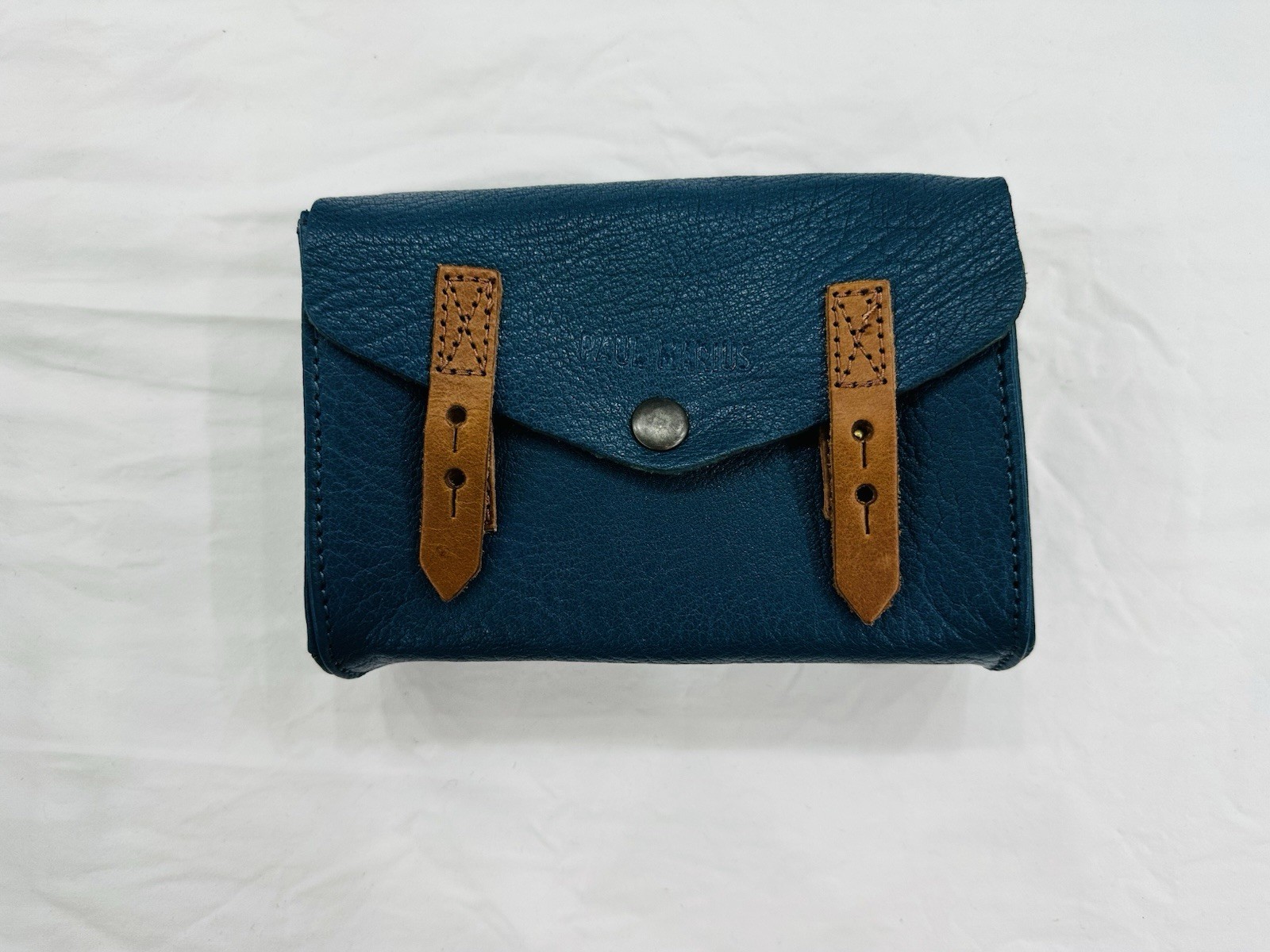 PAUL MARIUS Leather Mini Crossbody Satchel Bag Teal Blue & Cognac Brown