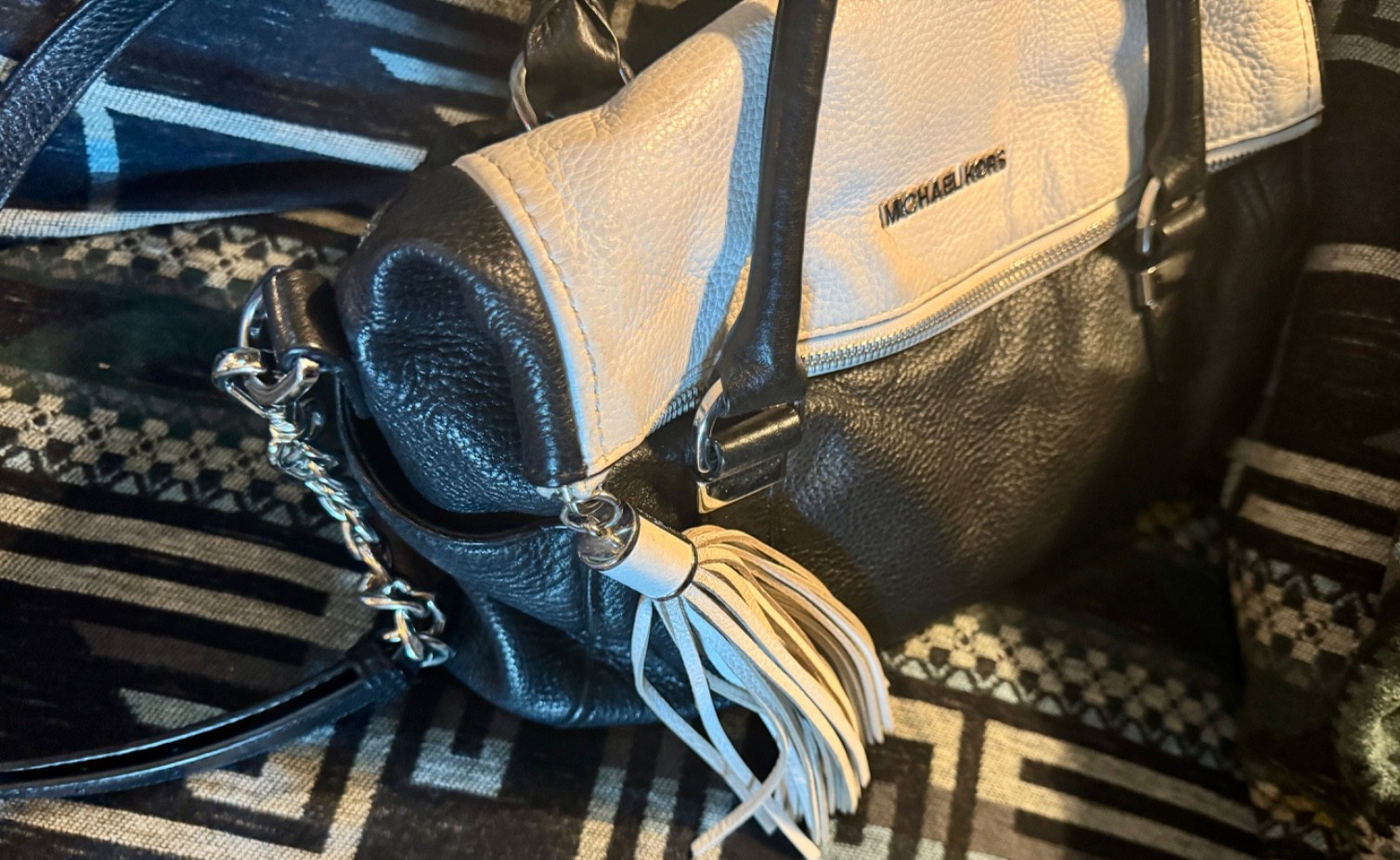 Michael Kors Weston~Black/White Pebbled Leather~Foldover Top Satchel~Chain Strap