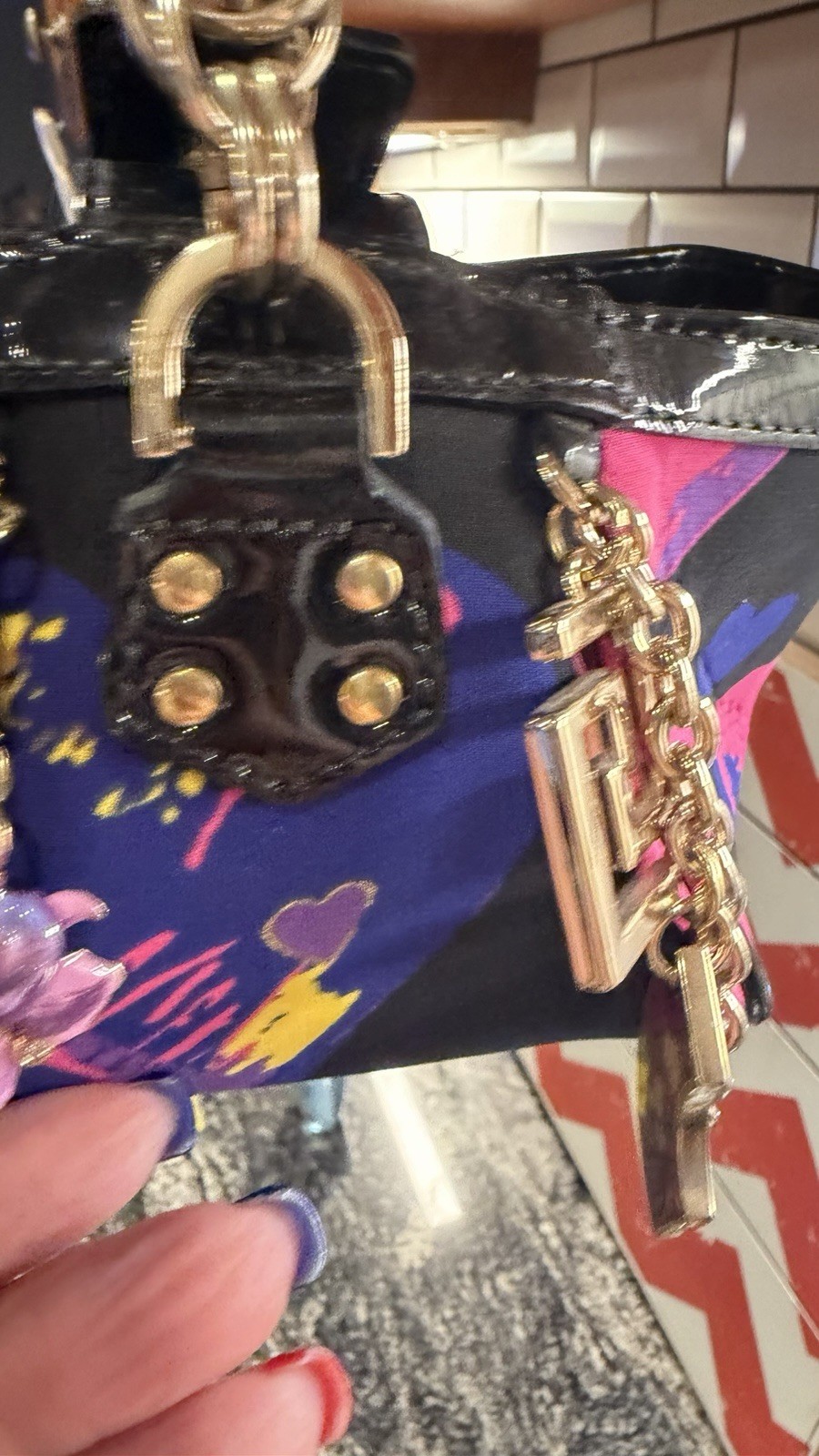 Versace for H&M Silk Pink/Black Leather Designer Charms hearts Mini Bag