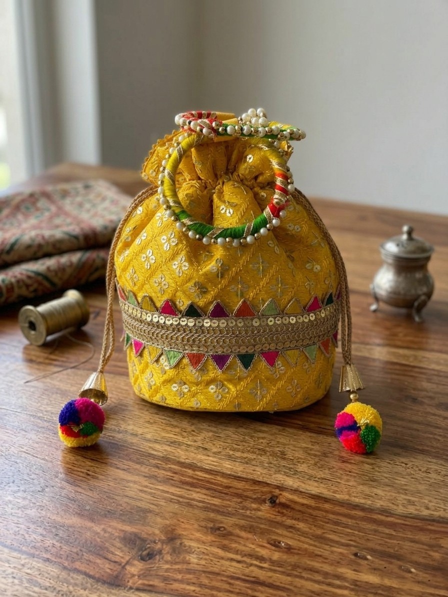 Indian Sequence Embroidered Work Cylinder Potli with Multicolor Latkan & Handle