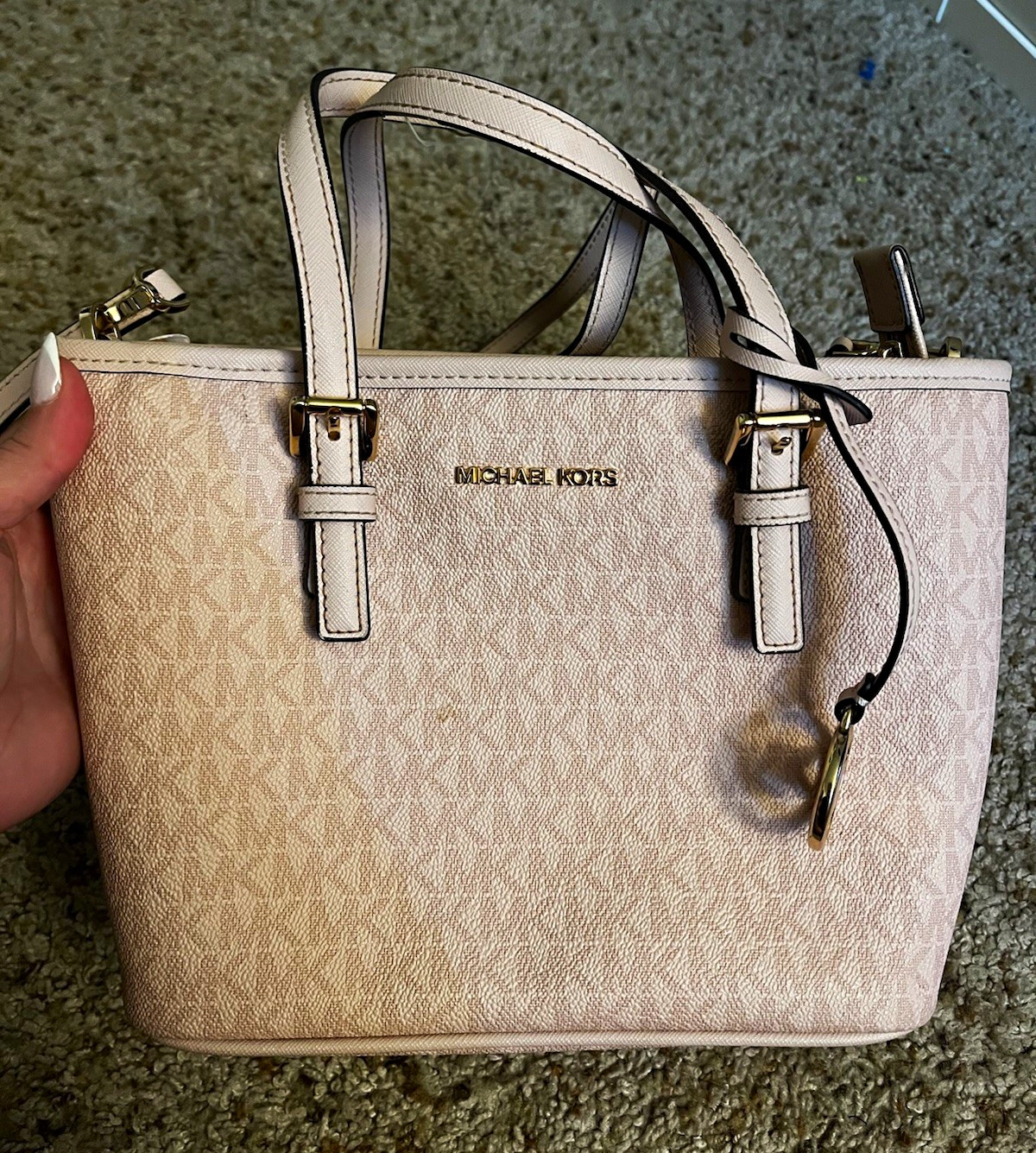 Michael Kors Beige MK Logo Zip Satchel w/ Adjustable Strap & Bag Charm