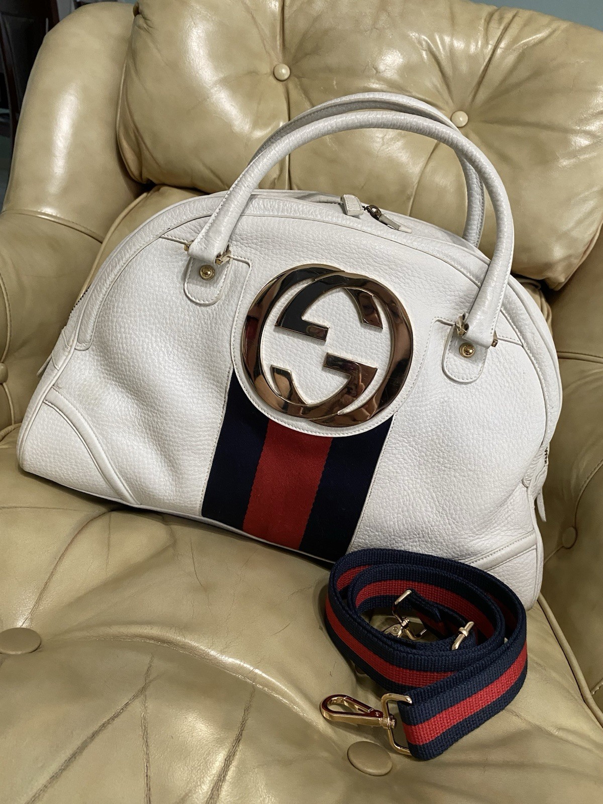 RARE Gucci XL Blondie Travel Bag Dome Satchel Web Stripe Pebble Leather