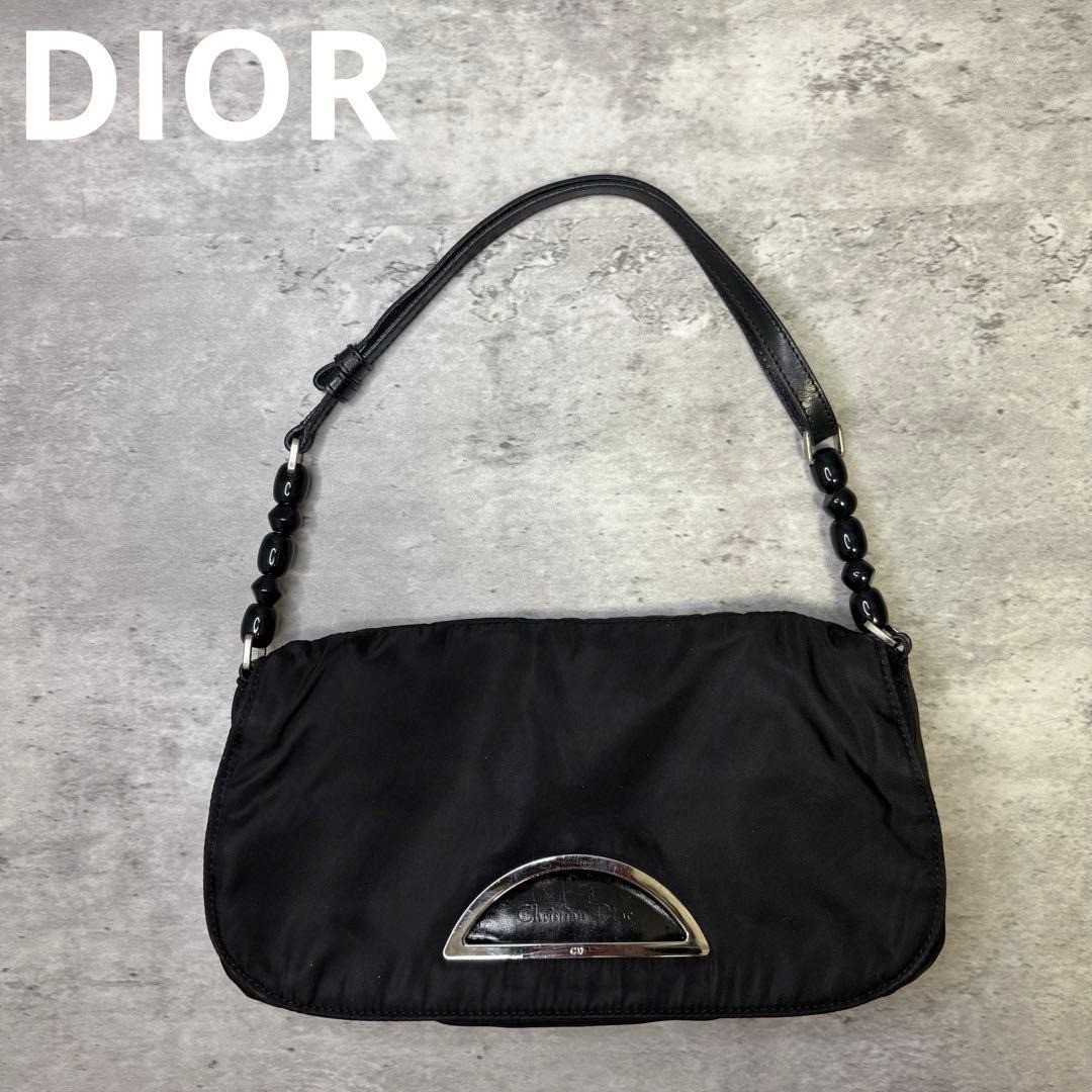 Christian Dior Malice Pearl Nylon Shoulder Bag Black with Silver Hardware Auth