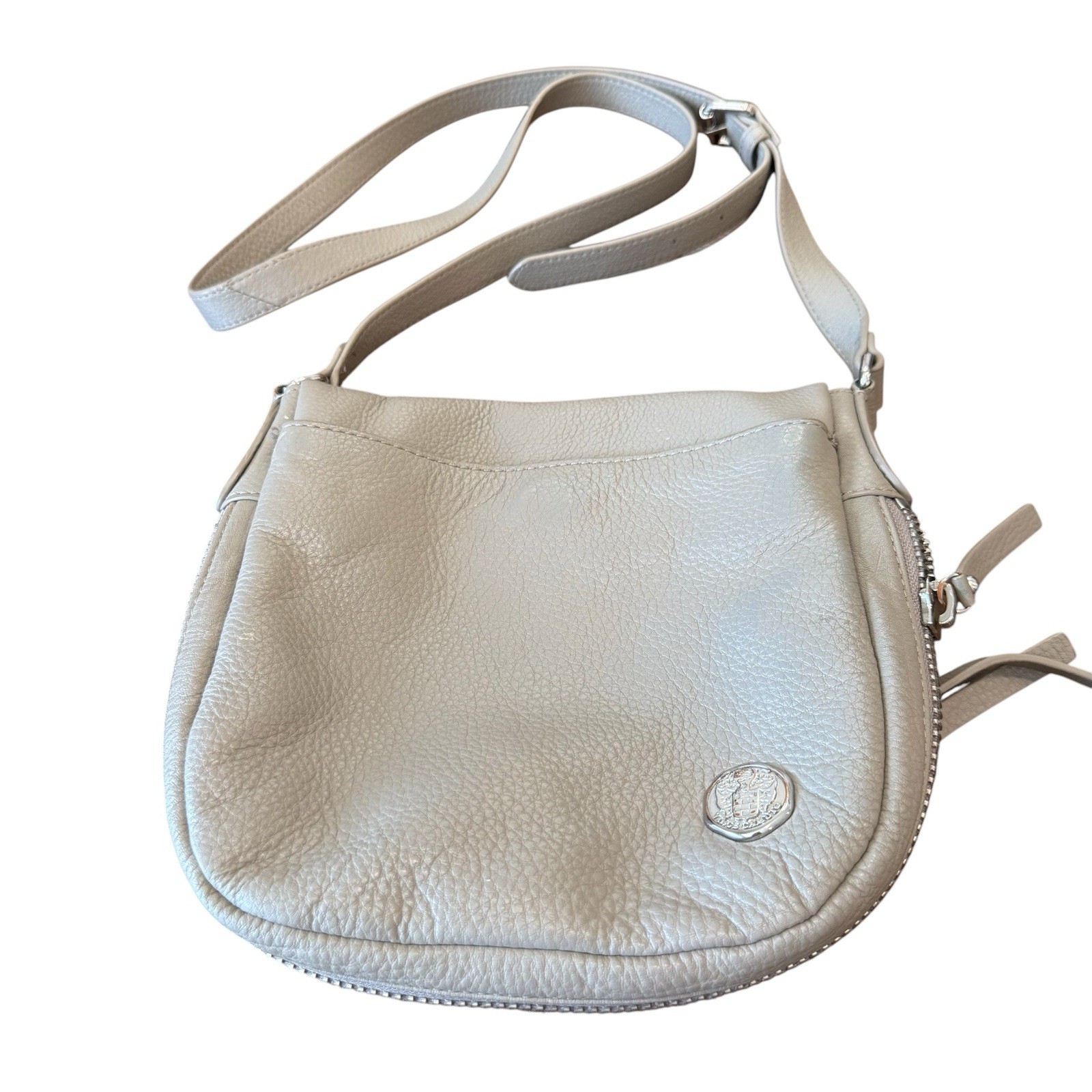 Vince Camuto Pebbled Leather Crossbody Bag Zipper Pockets Ash Gray 9×9 Inch