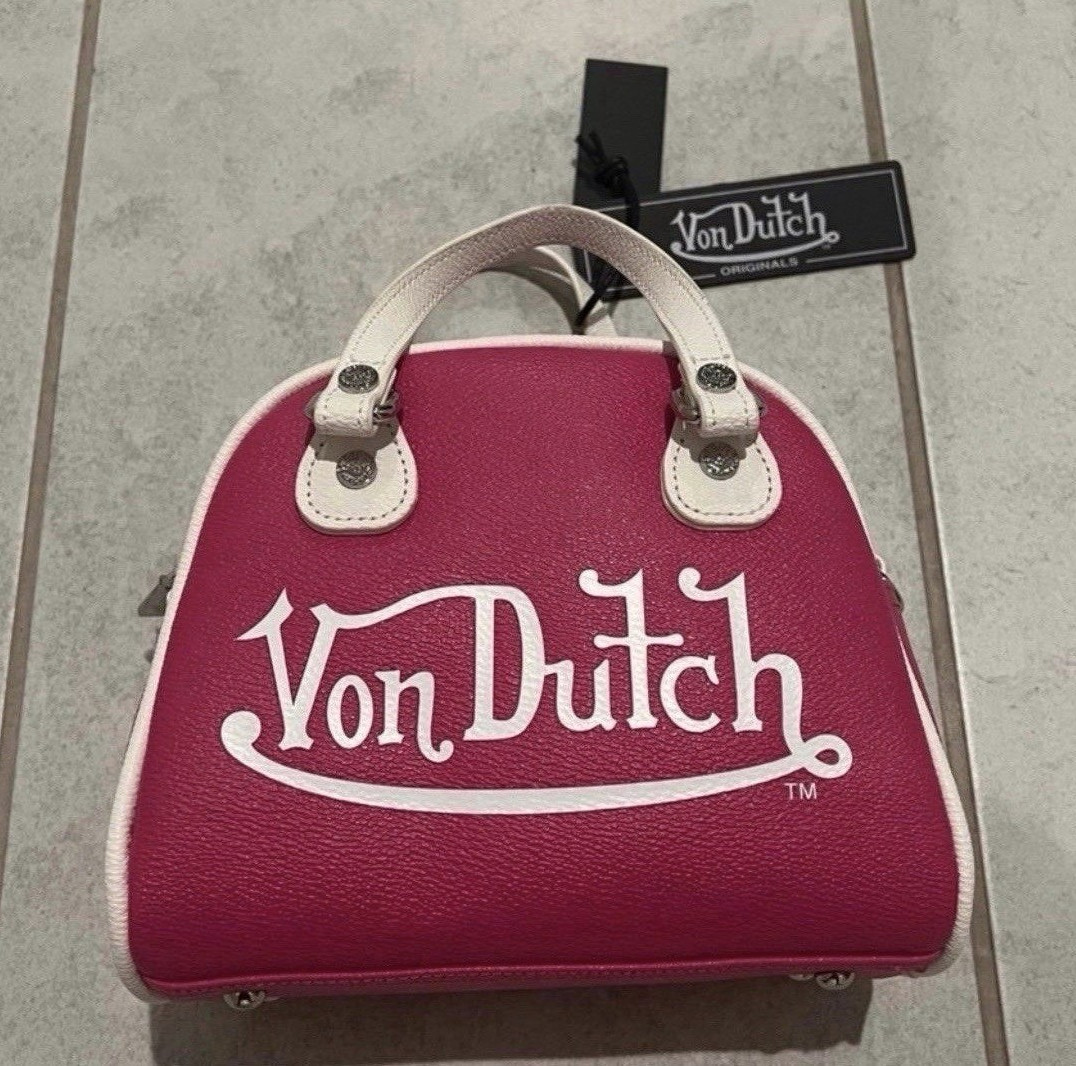 Von Dutch Pink White Logo Mini Satchel Top Handle Zip Crossbody w/ Strap