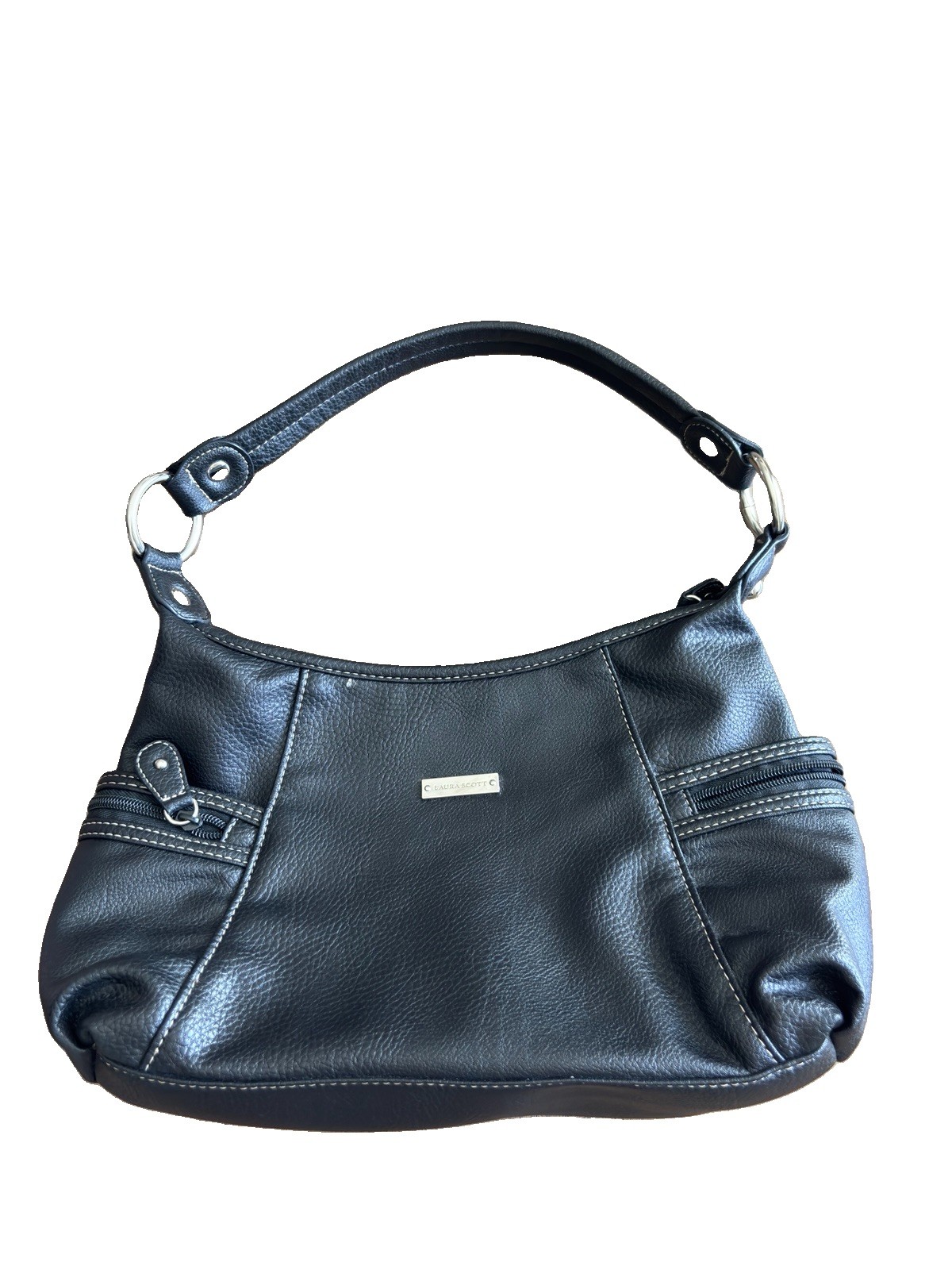 Laura Scott Black Faux Leather Women’s Shoulder Bag Silver Hardware Zip Pockets