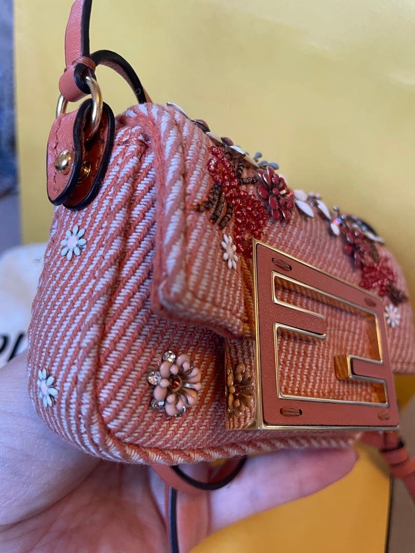 FENDI Nano Baguette Charm Orange Denim Floral Bead Crossbody Mini Bag 3.94 inch