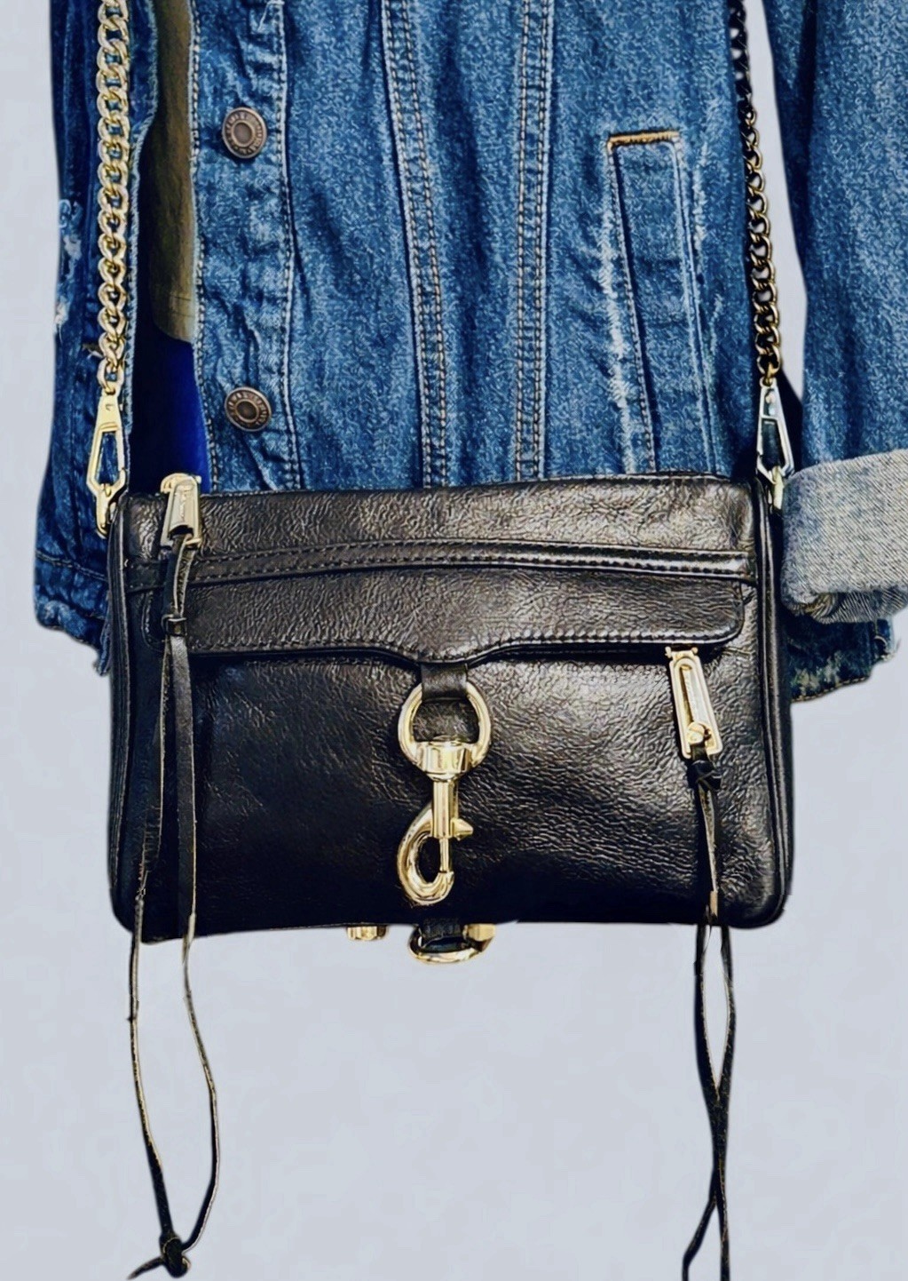 Rebecca Minkoff Mini MAC Crossbody Black Pebbled Leather Gold Chain Tassel Bag