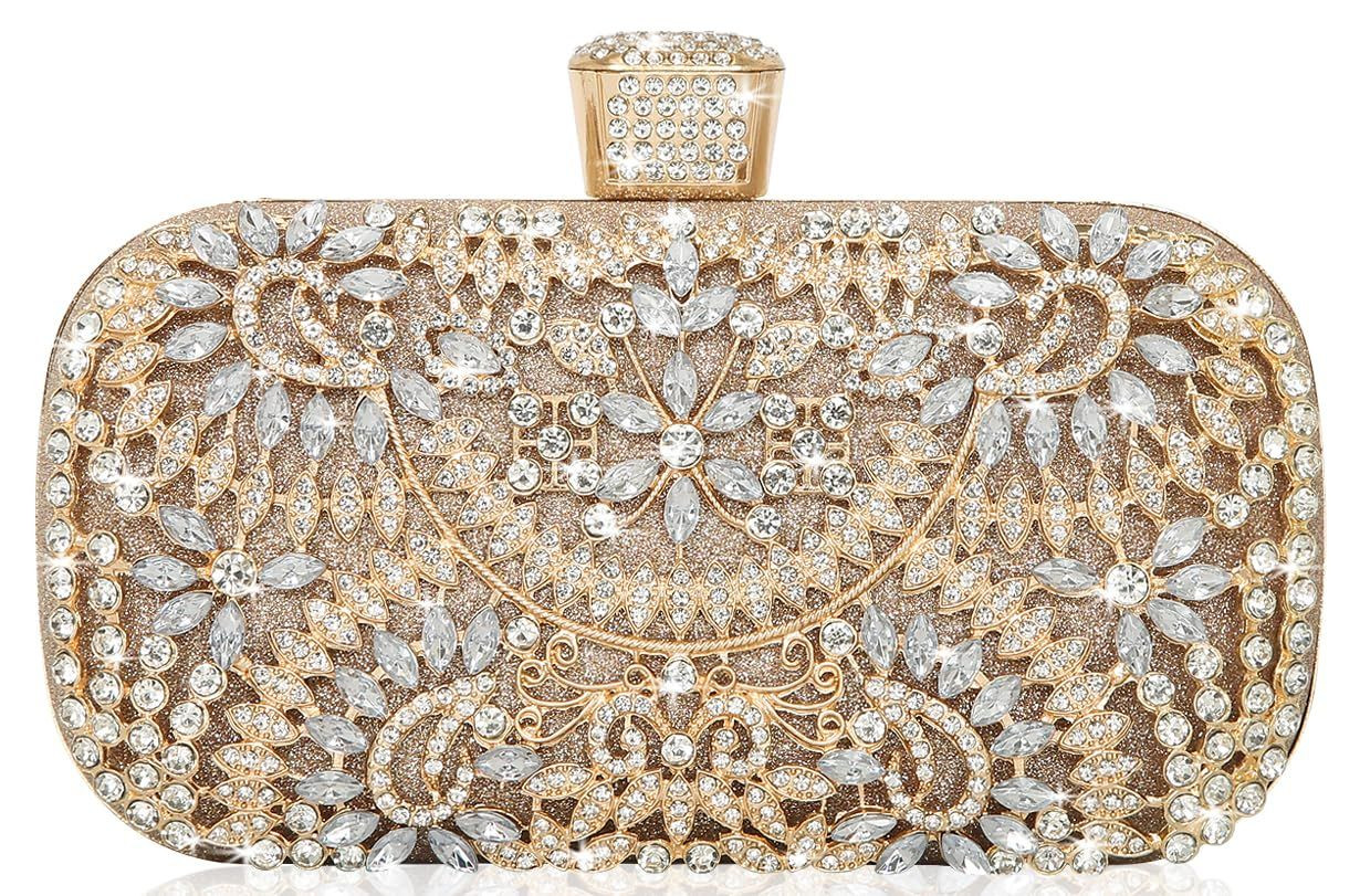 Covelin Women’s Rhinestone Decorated Evening Bag, Tote Medium, Champagne