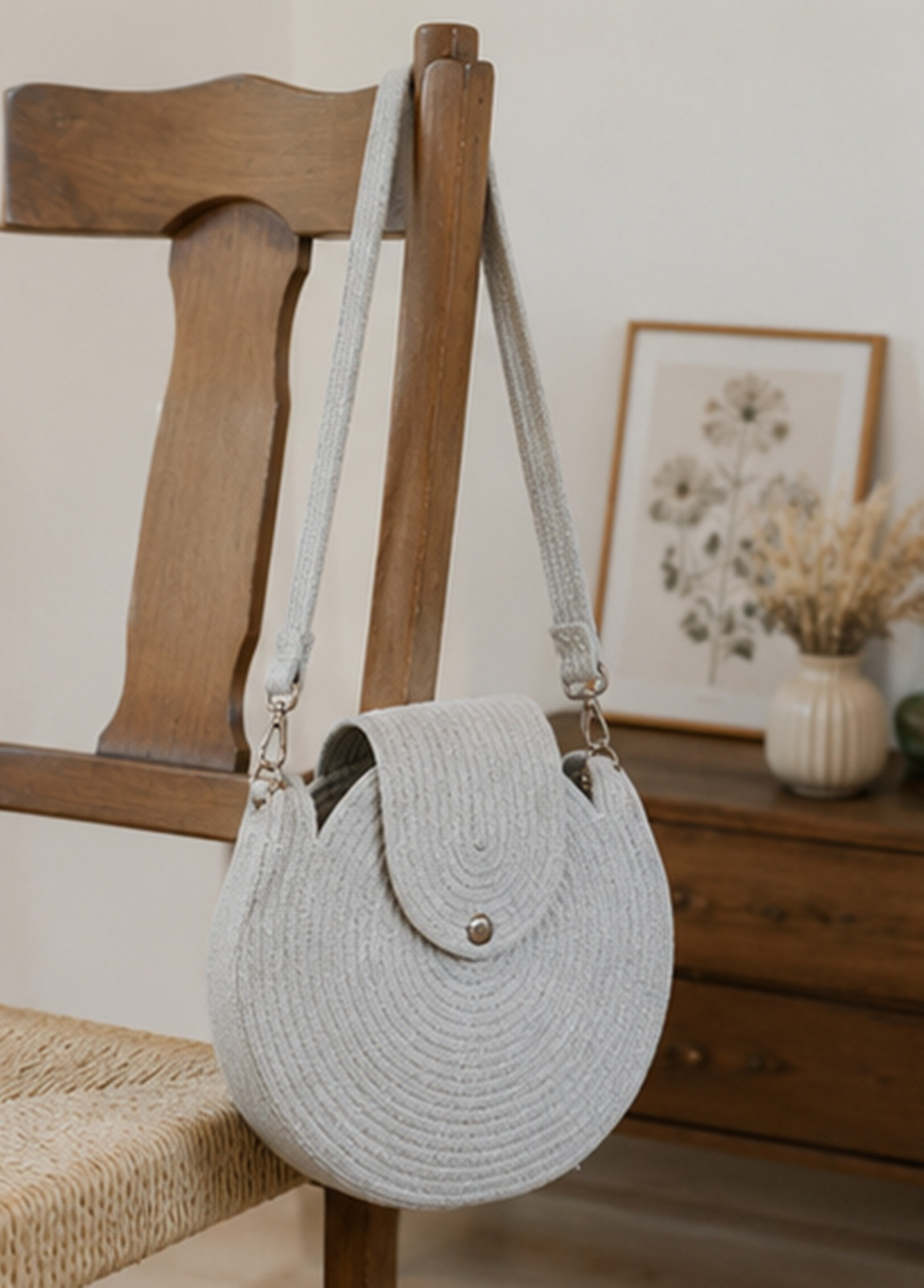Handmade Minimalist Round Rope Handbag, Cream Coiled Cotton Shoulder Bag