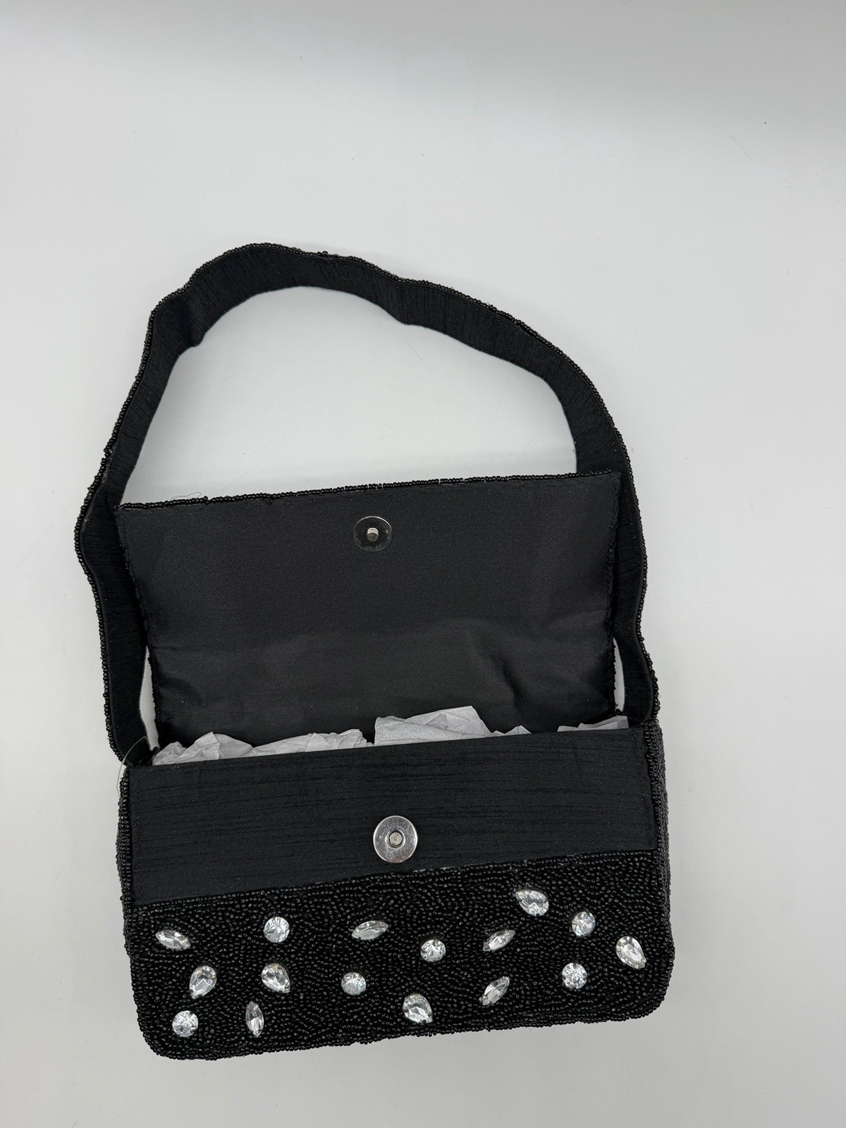 On 34th beaded shoulder bag with crystal embellishments – Black and silver